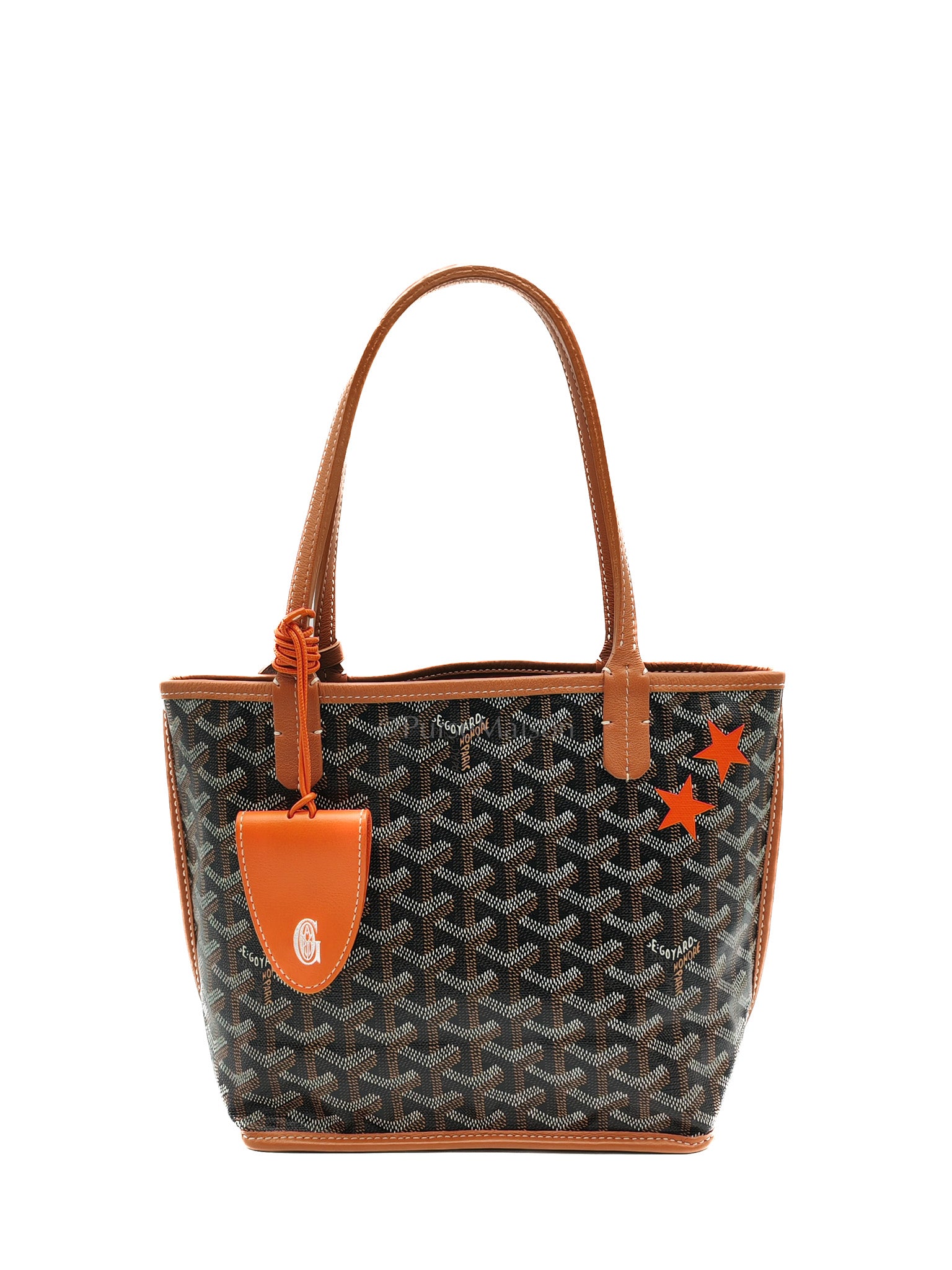 Goyard Mini Anjou in Tan Goyardine Canvas with Orange Heart Print and Croc Universel Clip Charm | Purse Maison Luxury Bags Shop