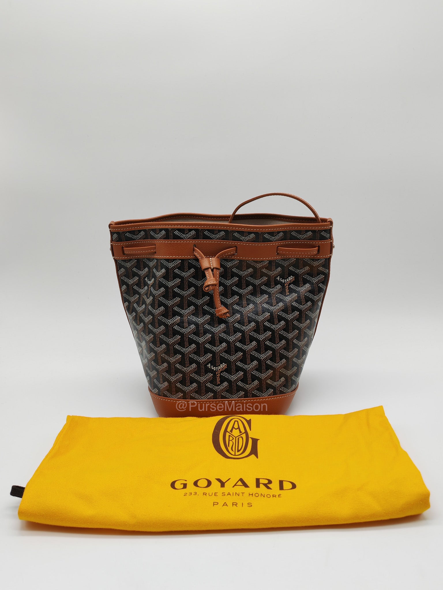 Goyard Petit Flot Bucket Bag in Black/Tan Goyardine Canvas | Purse Maison Luxury Bags Shop