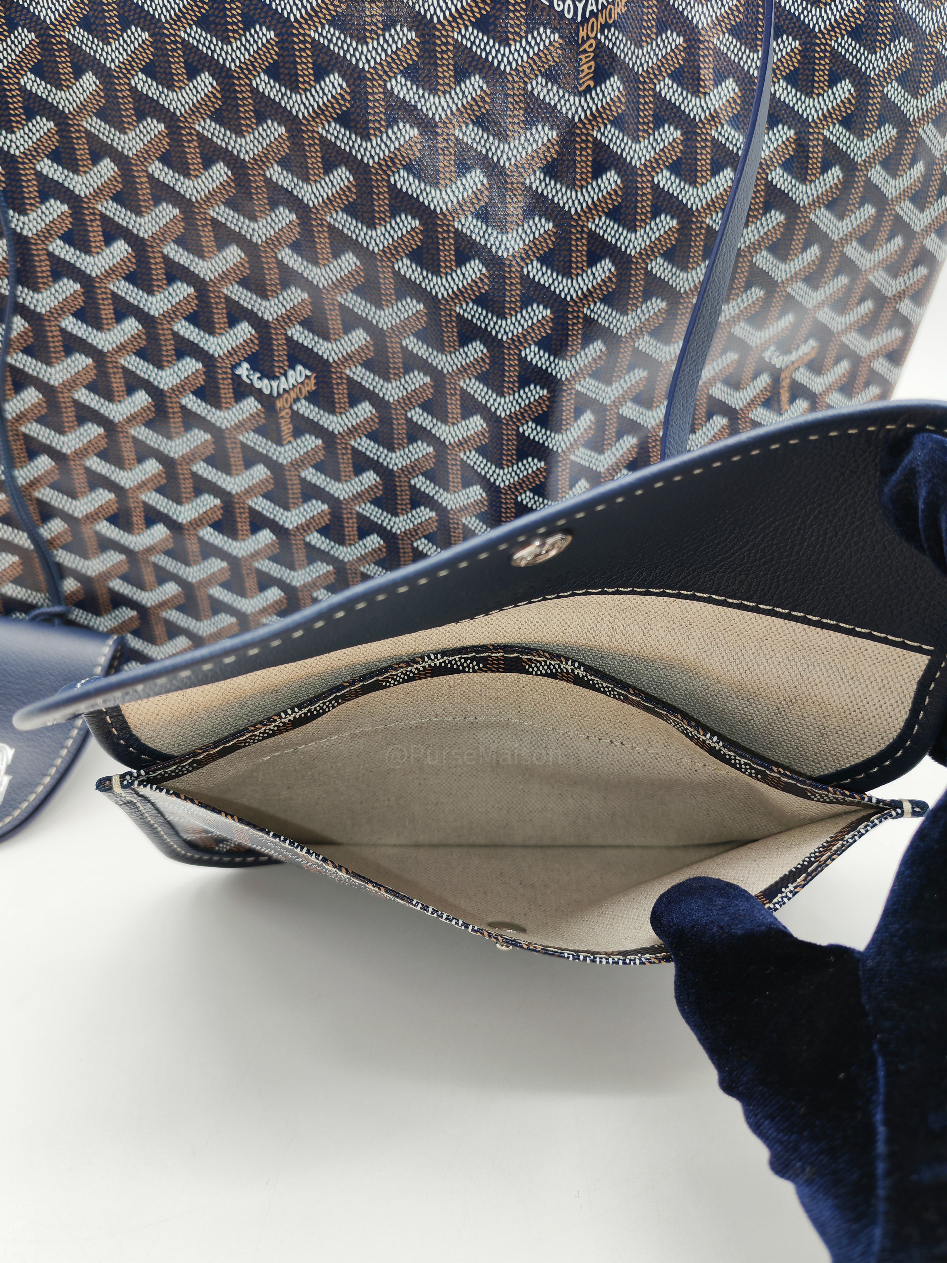 Goyard Saint Louis PM in Navy Blue Goyardine Canvas with Croc Universal Clip Charm | Purse Maison Luxury Bags Shop
