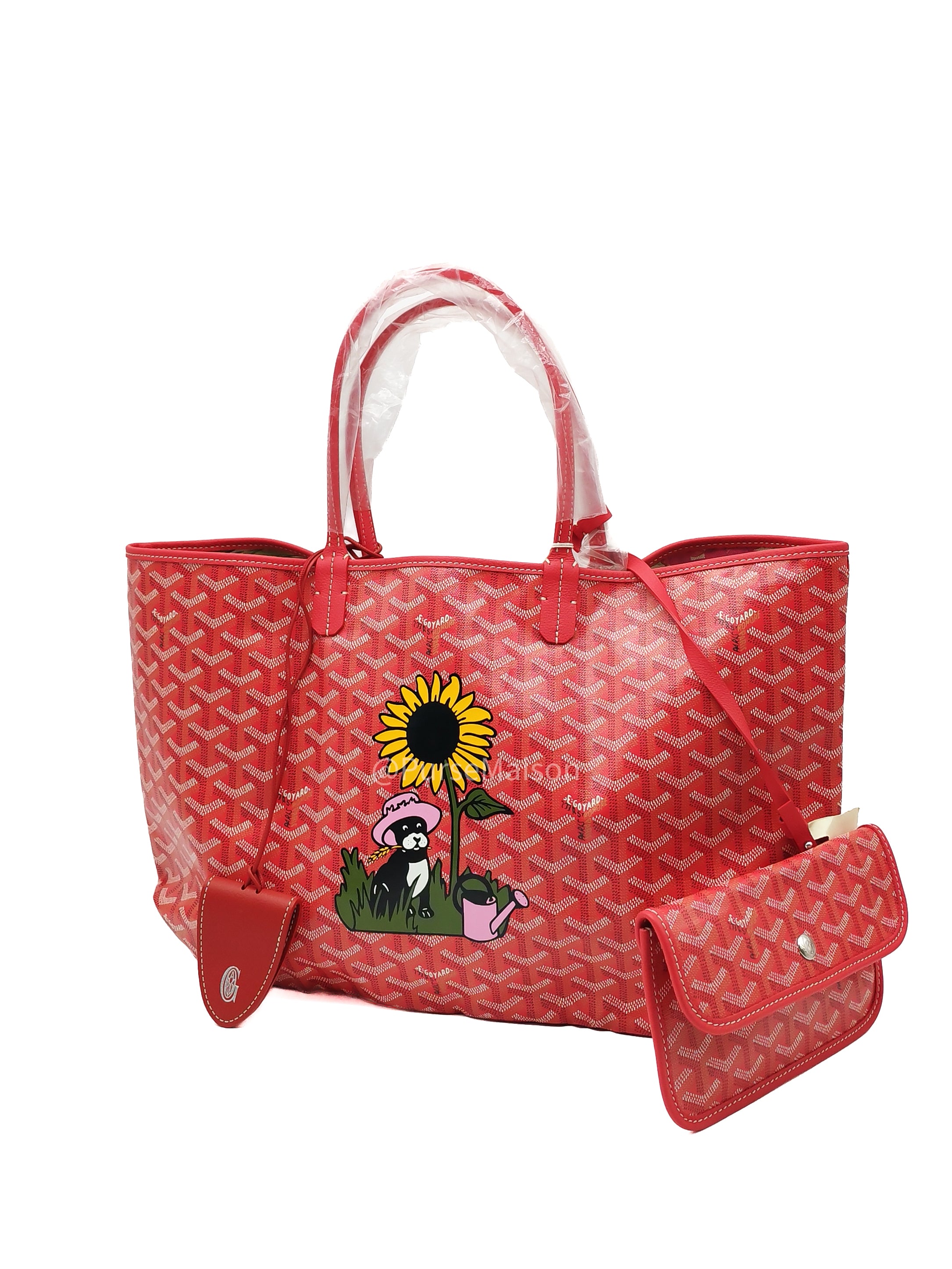 Goyard Saint Louis PM Tote Bag in Red Goyardine Canvas with Sunflower & Dog Hand-Painted Marquage (Limited Edition) | Purse Maison Luxury Bags Shop