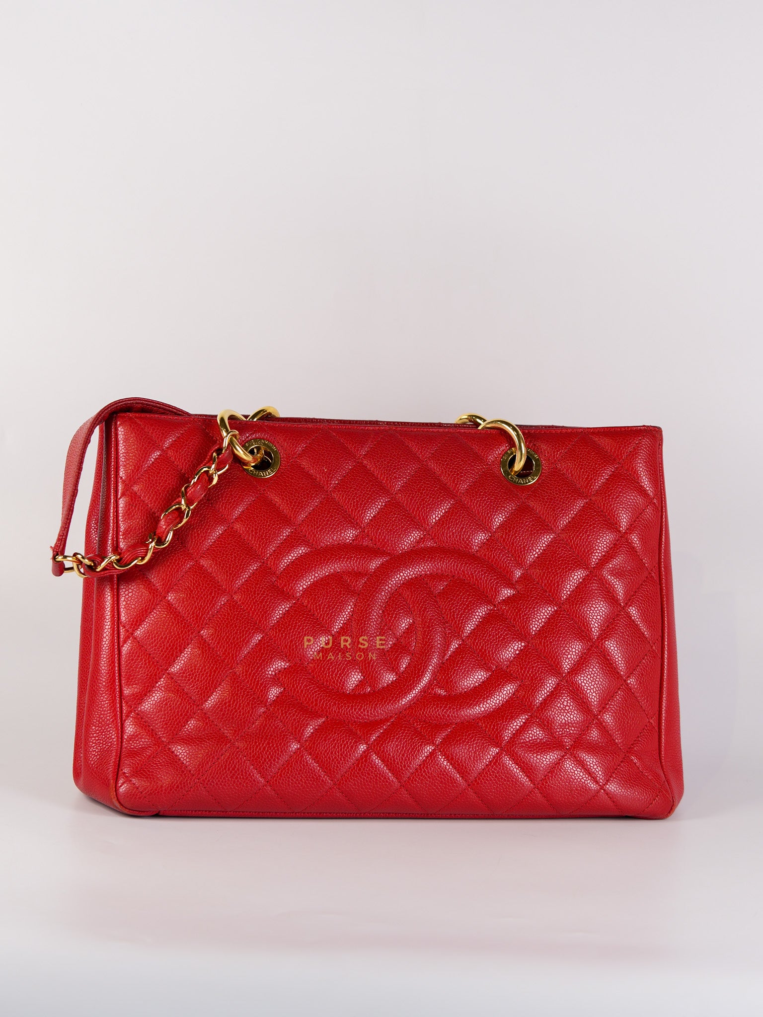 Grand Shopping Tote Bag (GST) in Red Quilted Caviar Leather Gold Hardware Series 18 | Purse Maison Luxury Bags Shop