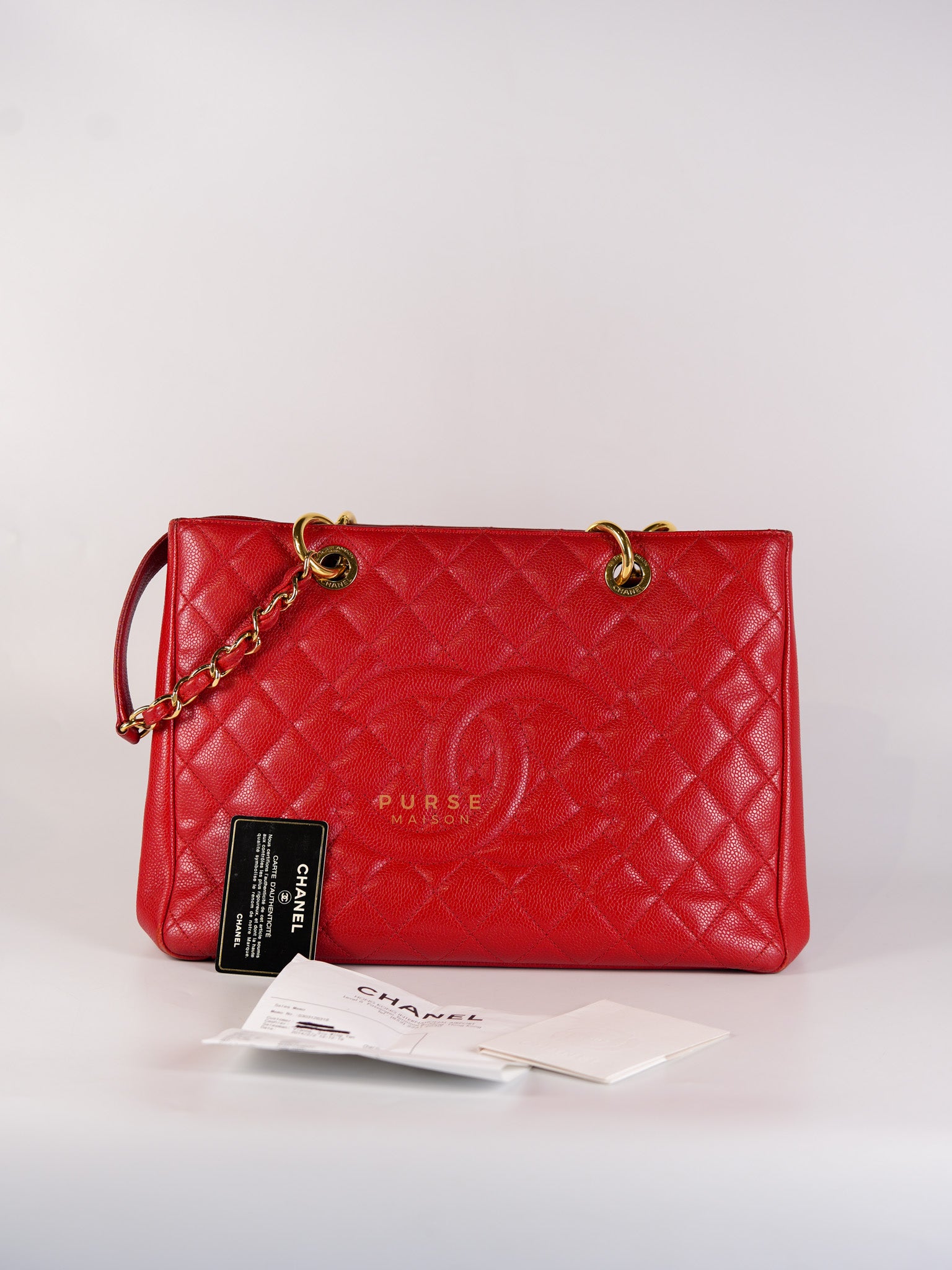 Grand Shopping Tote Bag (GST) in Red Quilted Caviar Leather Gold Hardware Series 18 | Purse Maison Luxury Bags Shop