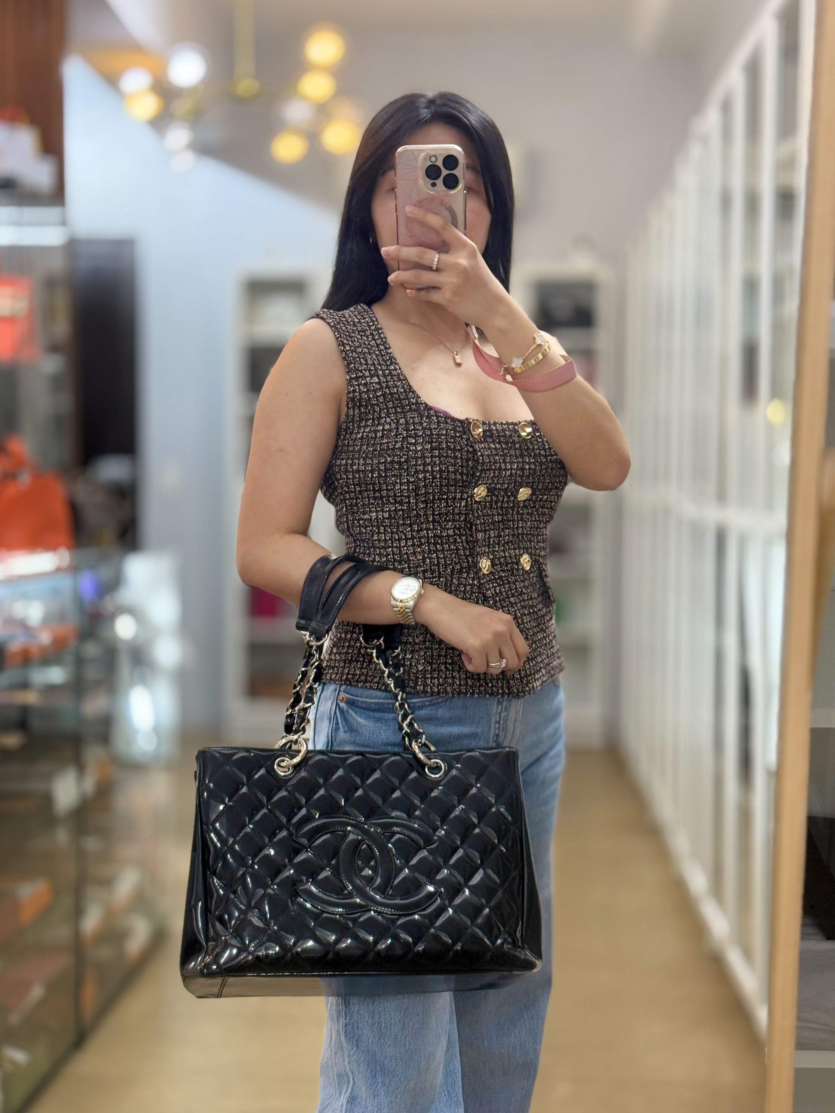 Grand Shopping Tote Black Quilted Patent Leather Silver Hardware Series 13 | Purse Maison Luxury Bags Shop