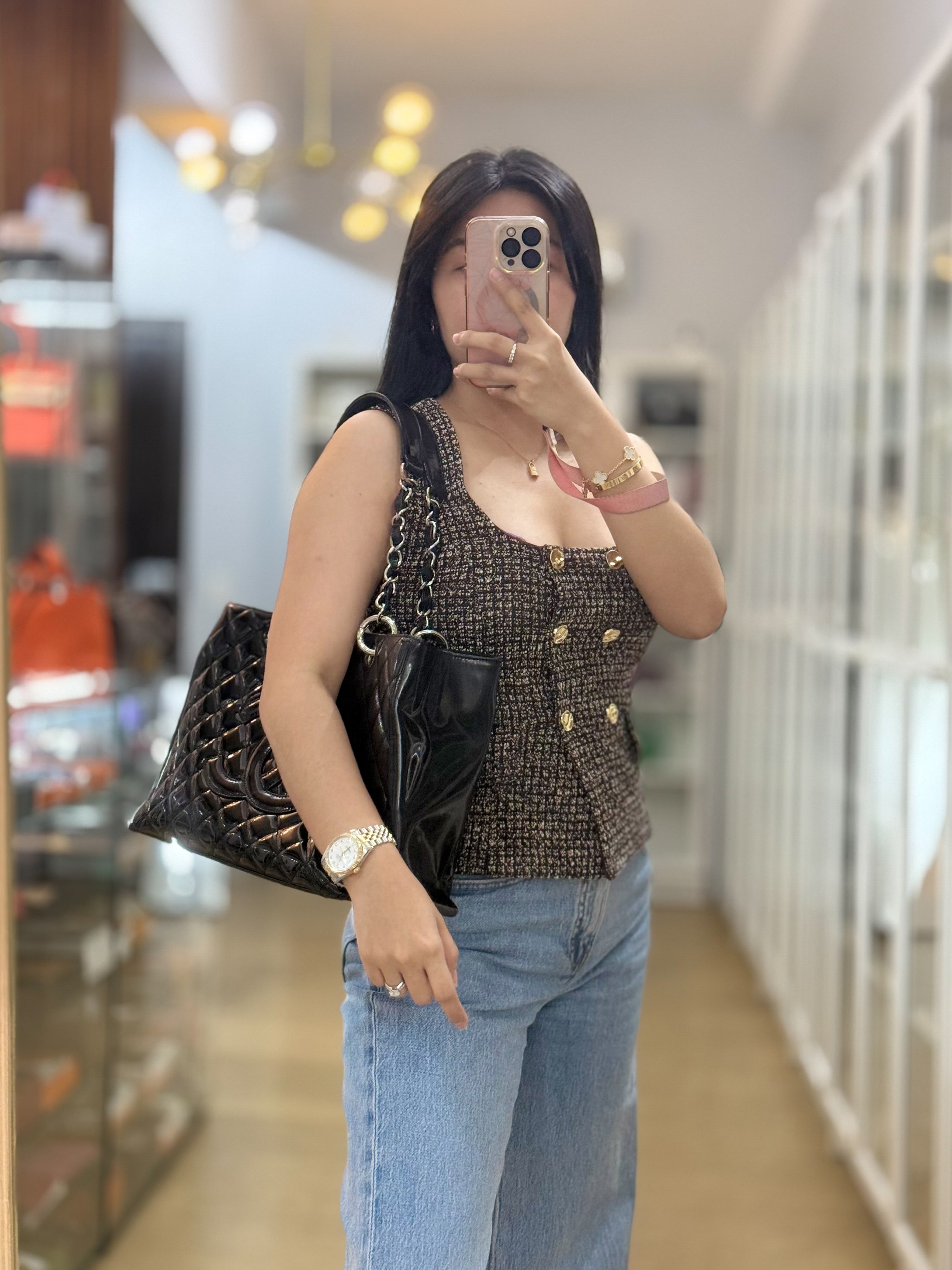 Grand Shopping Tote Black Quilted Patent Leather Silver Hardware Series 13 | Purse Maison Luxury Bags Shop