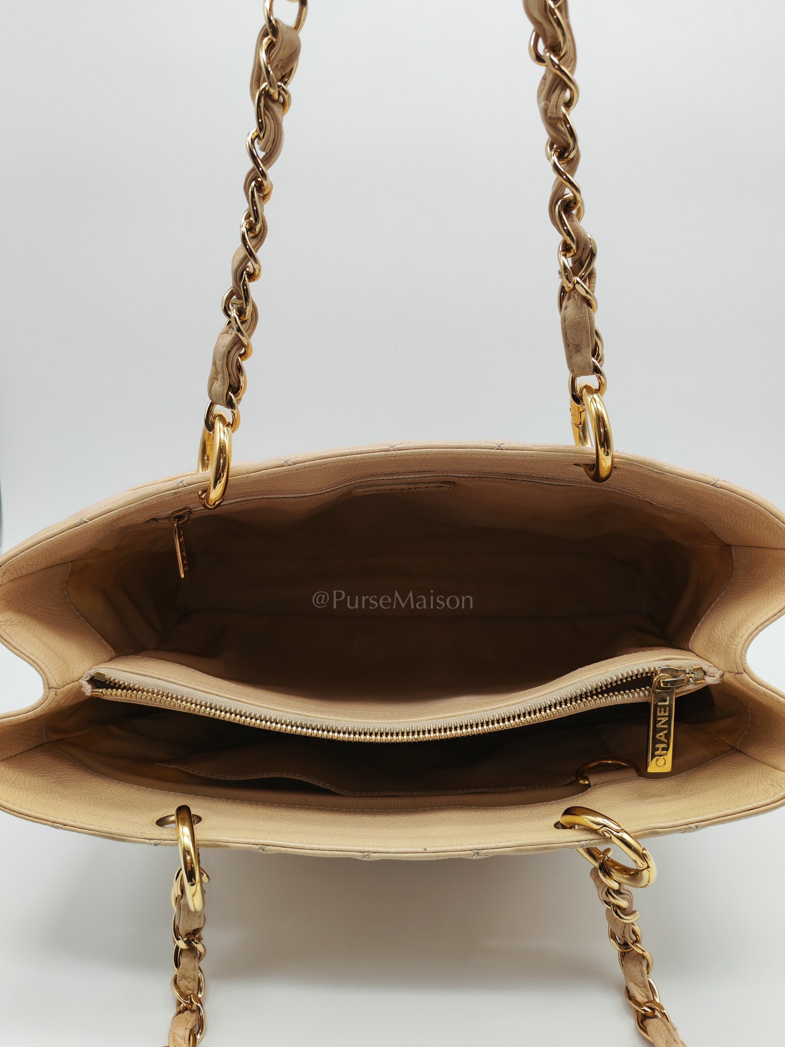 Grand Shopping Tote (GST) Beige Caviar Leather Gold Hardware Series 12 | Purse Maison Luxury Bags Shop