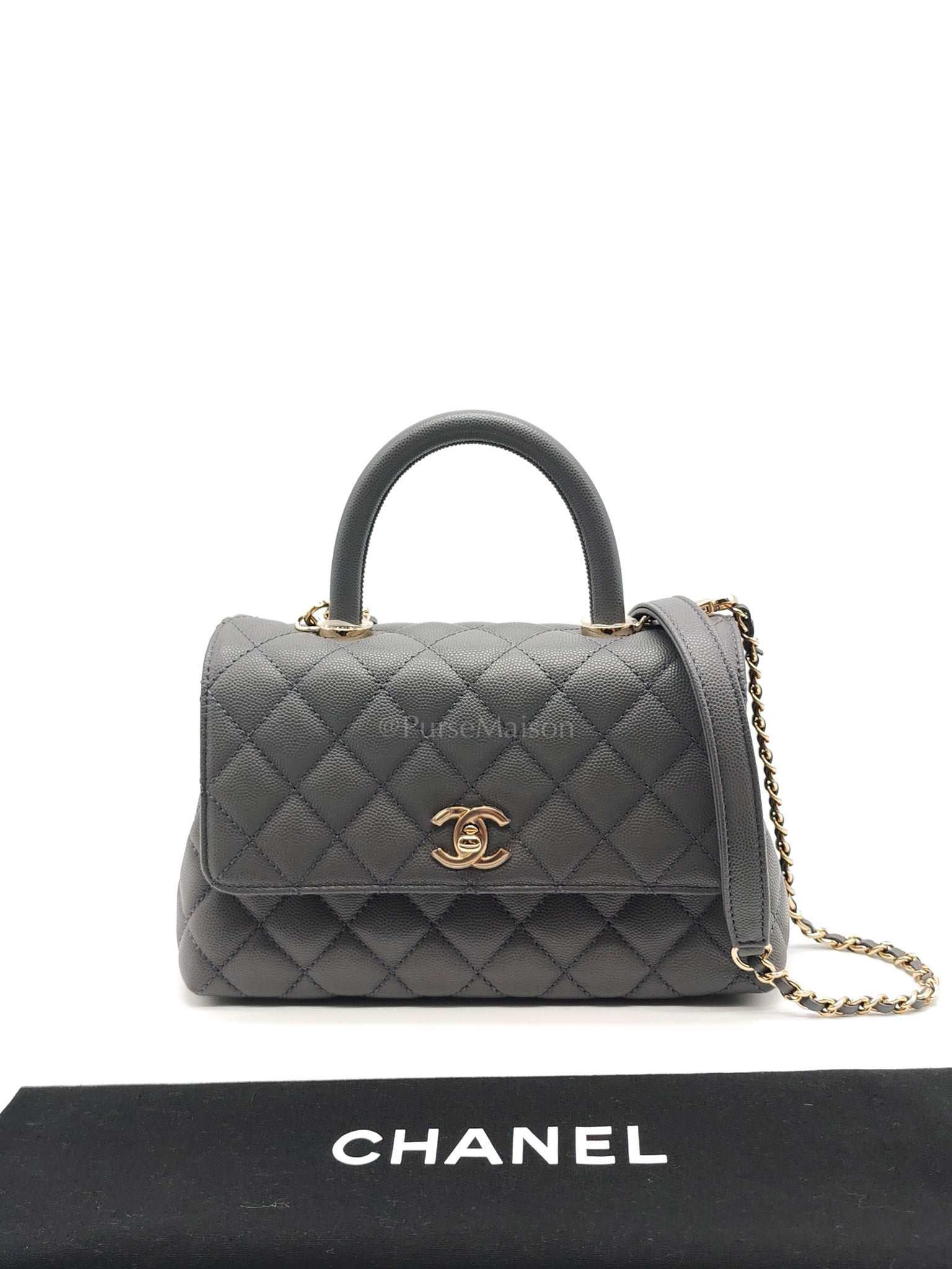 Coco Handle Small in Gray Quilted Caviar Leather & Light Gold Hardware Microchip