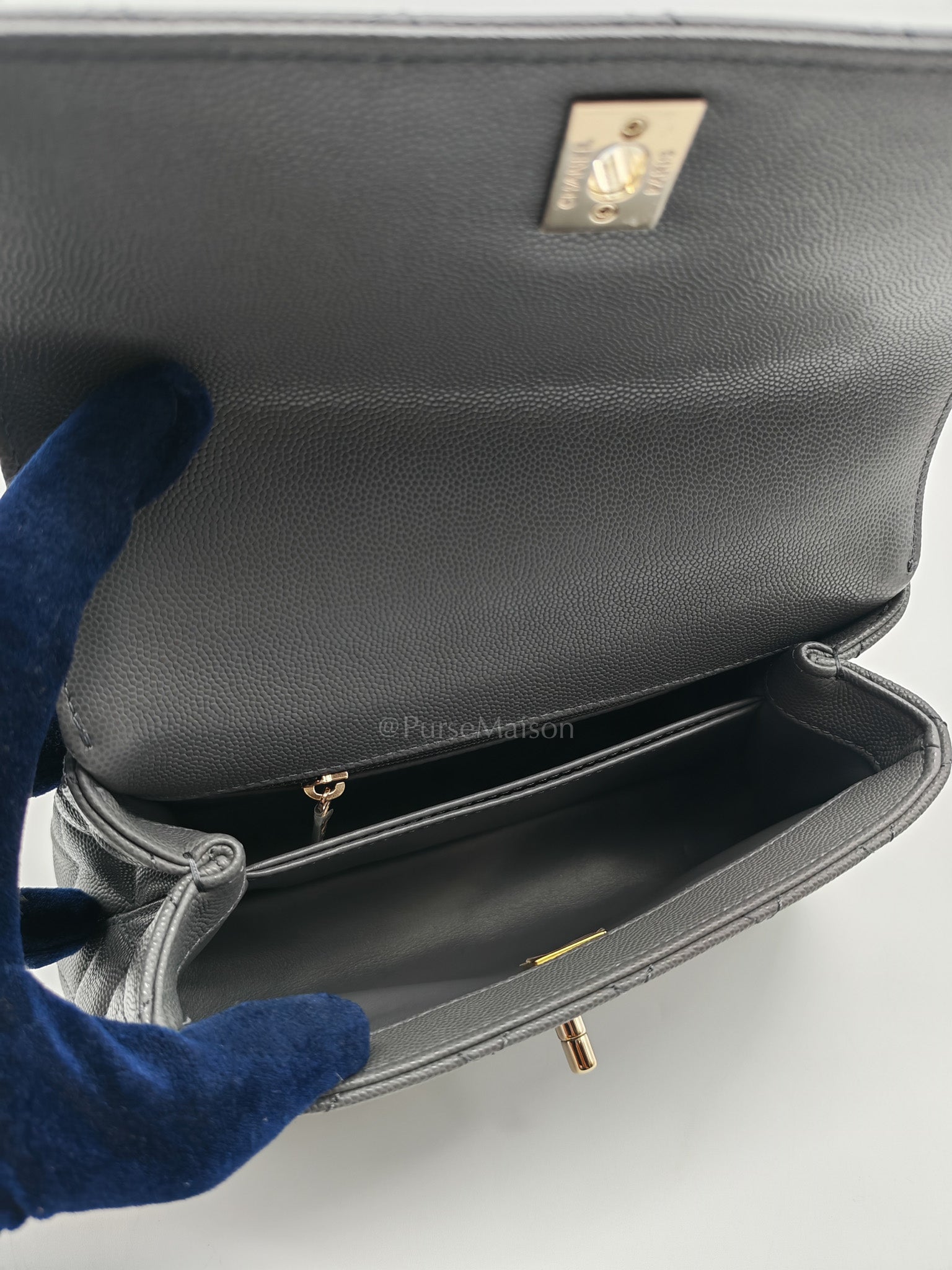 Coco Handle Small in Gray Quilted Caviar Leather & Light Gold Hardware Microchip