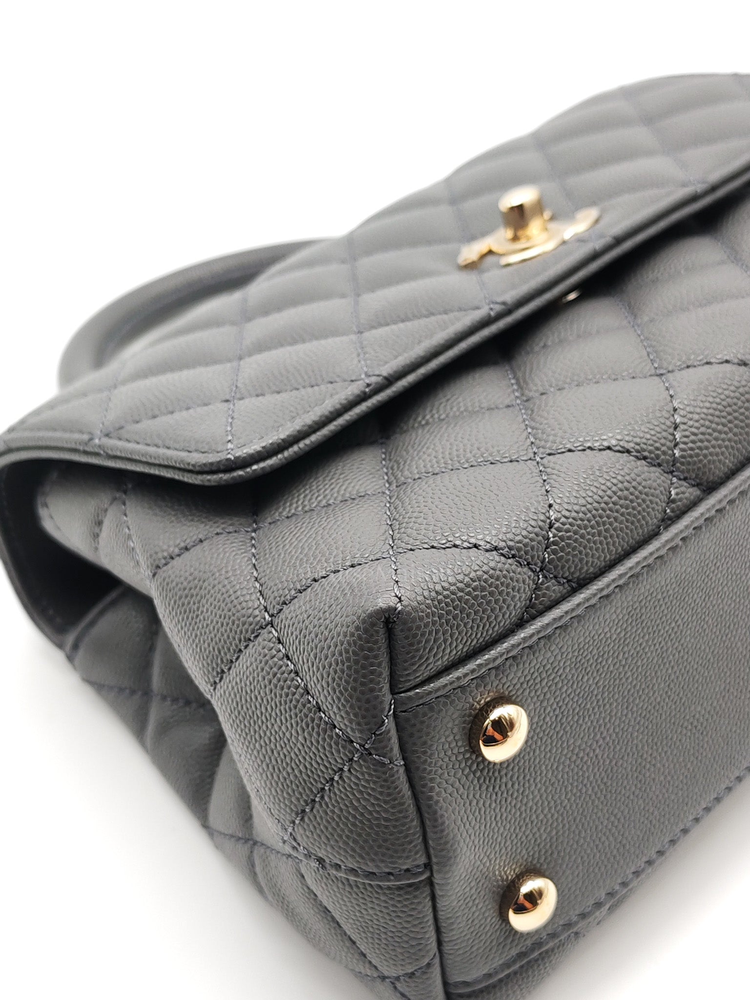 Coco Handle Small in Gray Quilted Caviar Leather & Light Gold Hardware Microchip