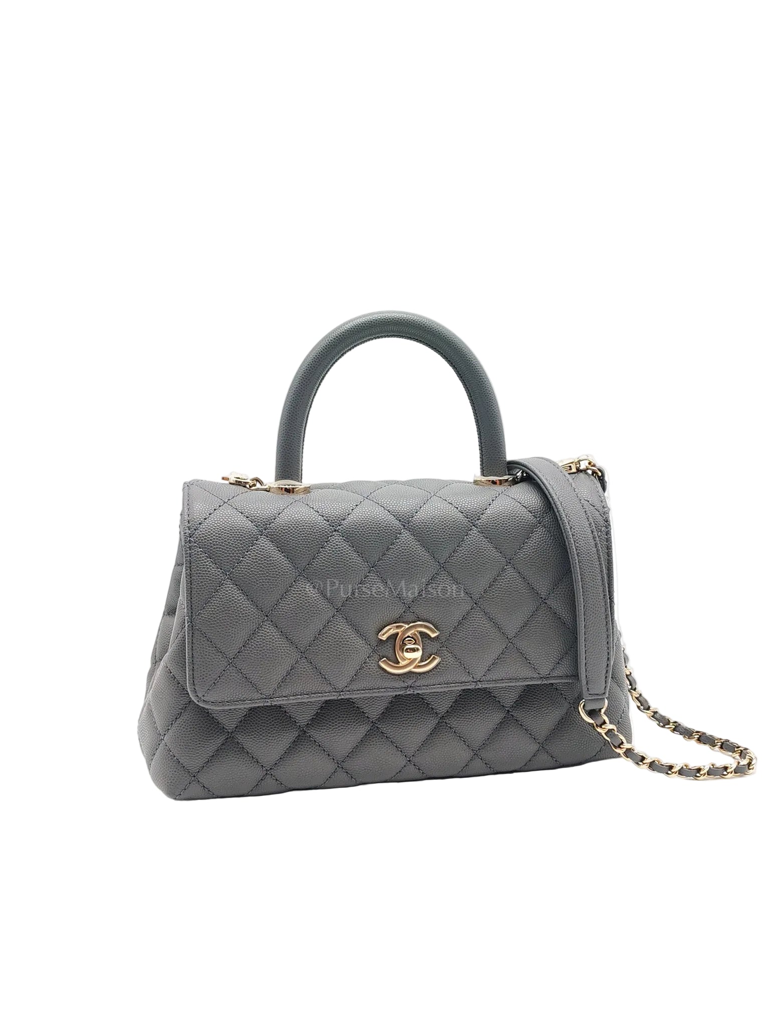 Coco Handle Small in Gray Quilted Caviar Leather & Light Gold Hardware Microchip
