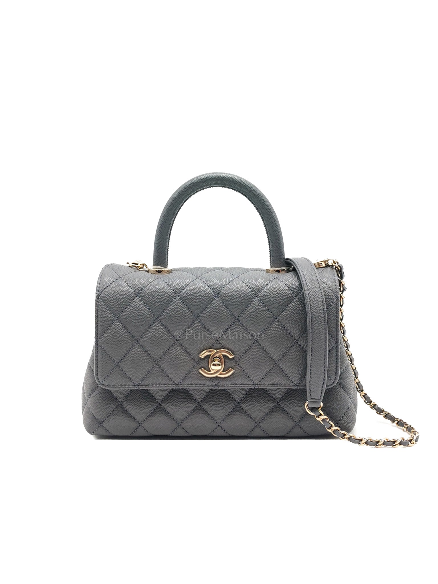 Coco Handle Small in Gray Quilted Caviar Leather & Light Gold Hardware Microchip