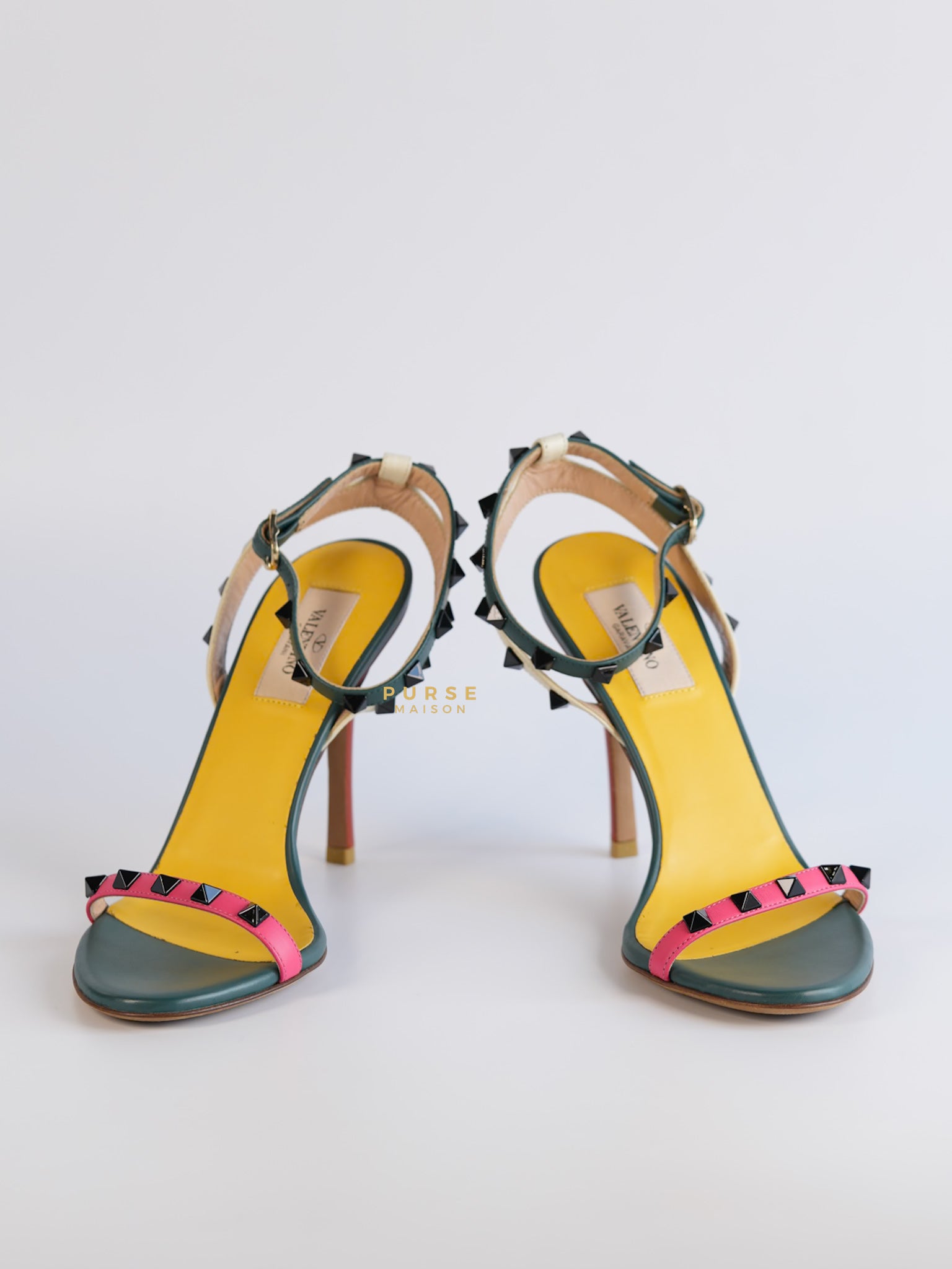 Green Multicolor Leather Rockstud Open Toe Sandals Size 38 EU | Purse Maison Luxury Bags Shop