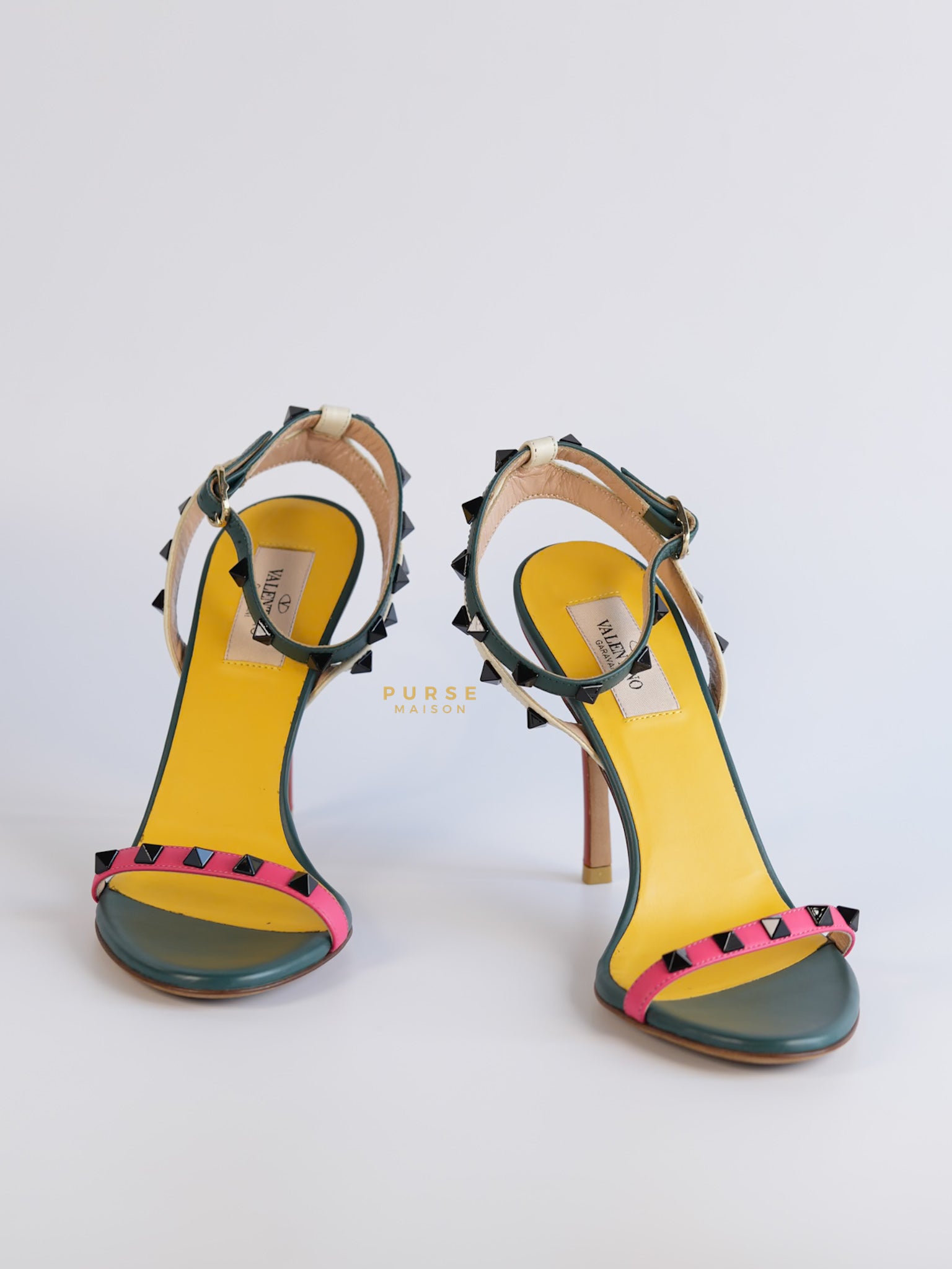 Green Multicolor Leather Rockstud Open Toe Sandals Size 38 EU | Purse Maison Luxury Bags Shop