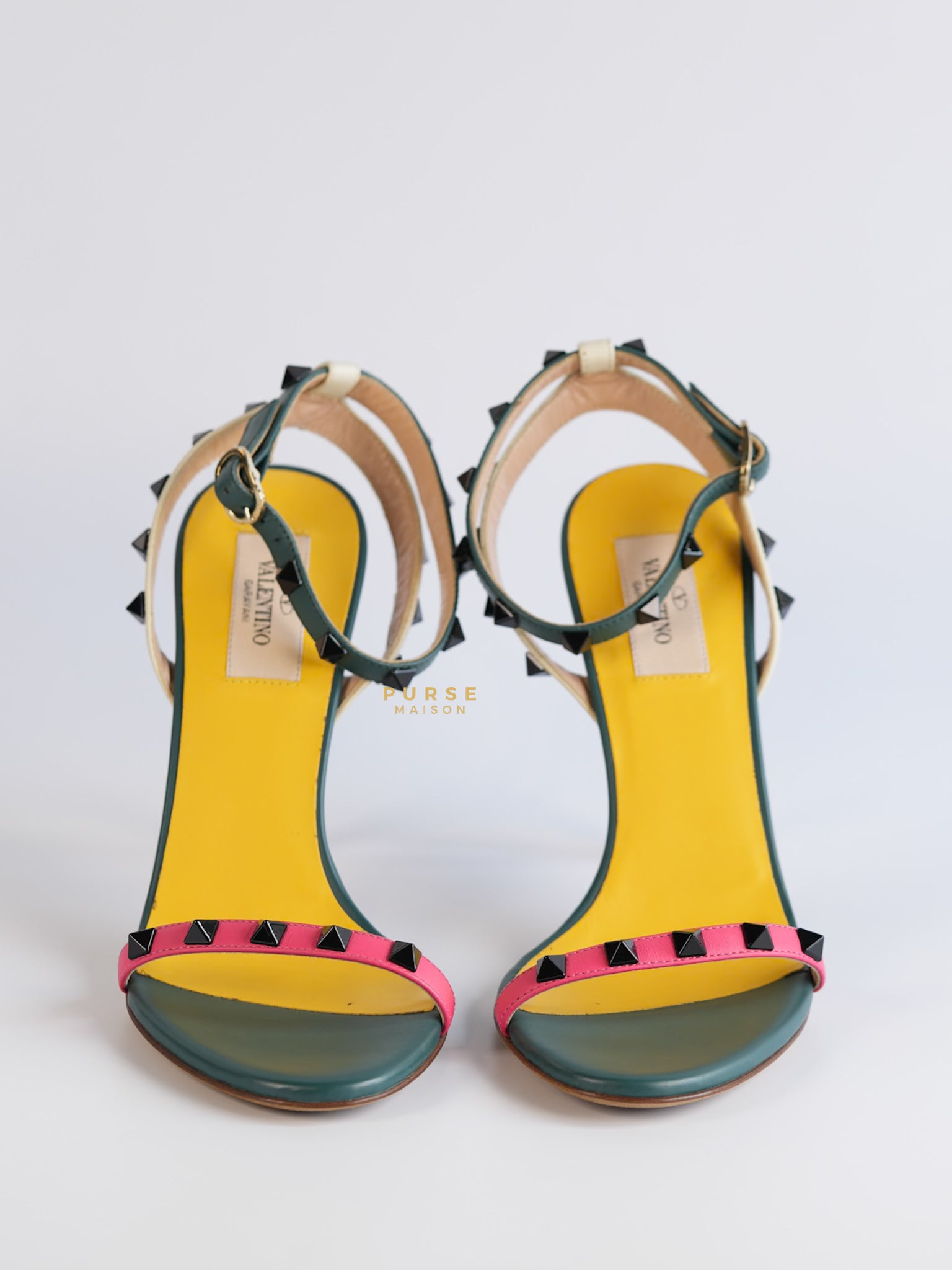 Green Multicolor Leather Rockstud Open Toe Sandals Size 38 EU | Purse Maison Luxury Bags Shop