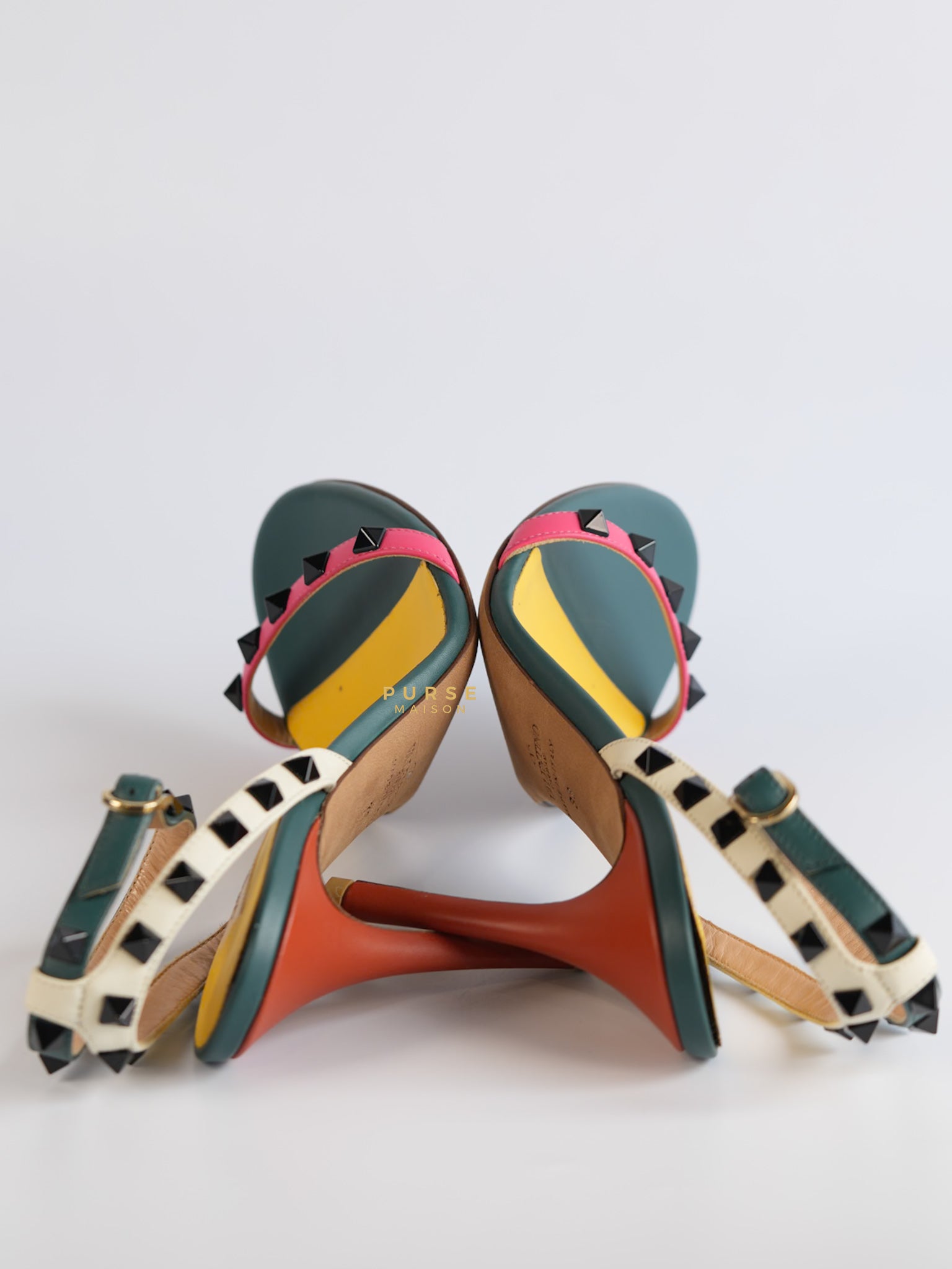 Green Multicolor Leather Rockstud Open Toe Sandals Size 38 EU | Purse Maison Luxury Bags Shop