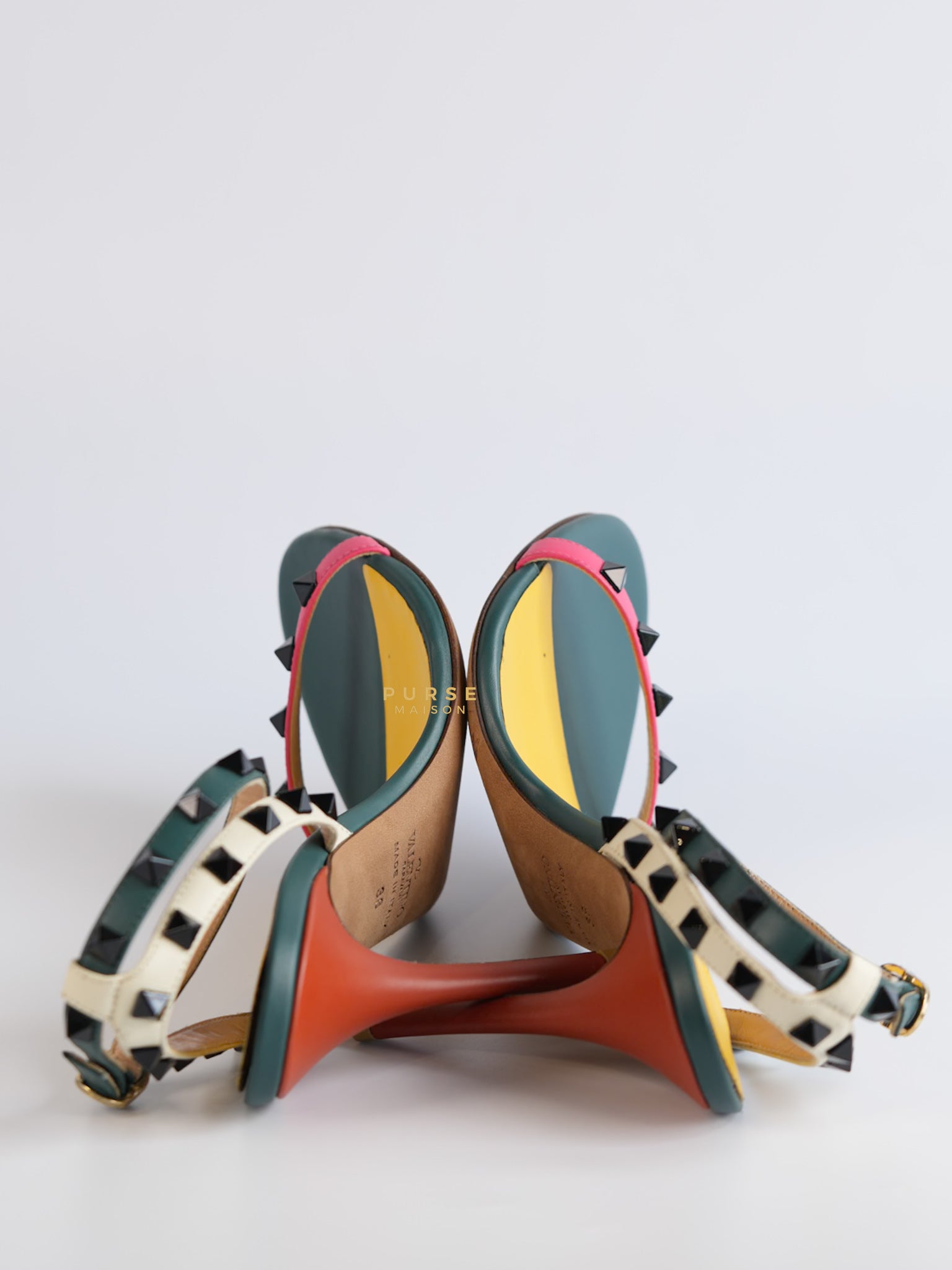 Green Multicolor Leather Rockstud Open Toe Sandals Size 38 EU | Purse Maison Luxury Bags Shop