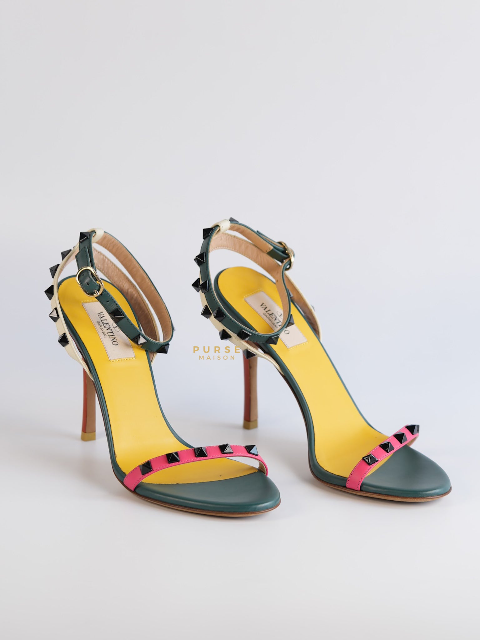 Green Multicolor Leather Rockstud Open Toe Sandals Size 38 EU | Purse Maison Luxury Bags Shop