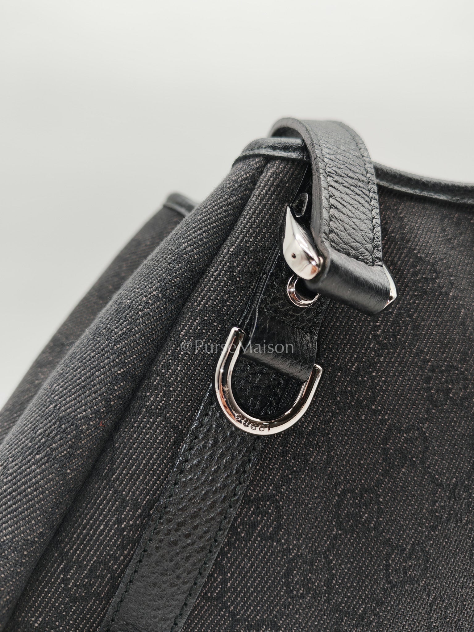 Gucci Abbey D-Ring Shoulder Bag in Black GG Supreme Denim Canvas | Purse Maison Luxury Bags Shop