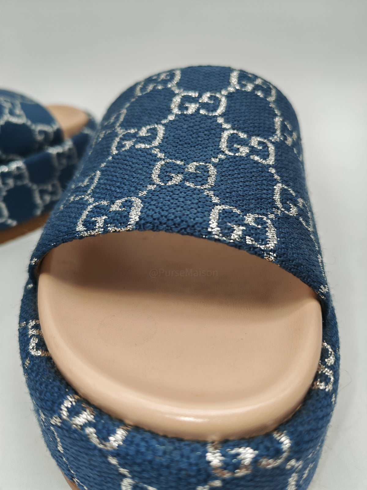 Gucci Angelina Platform 55mm Slide Sandals in Blue Tea New Denim GG Monogram Size 37 Eu (25 cm) | Purse Maison Luxury Bags Shop