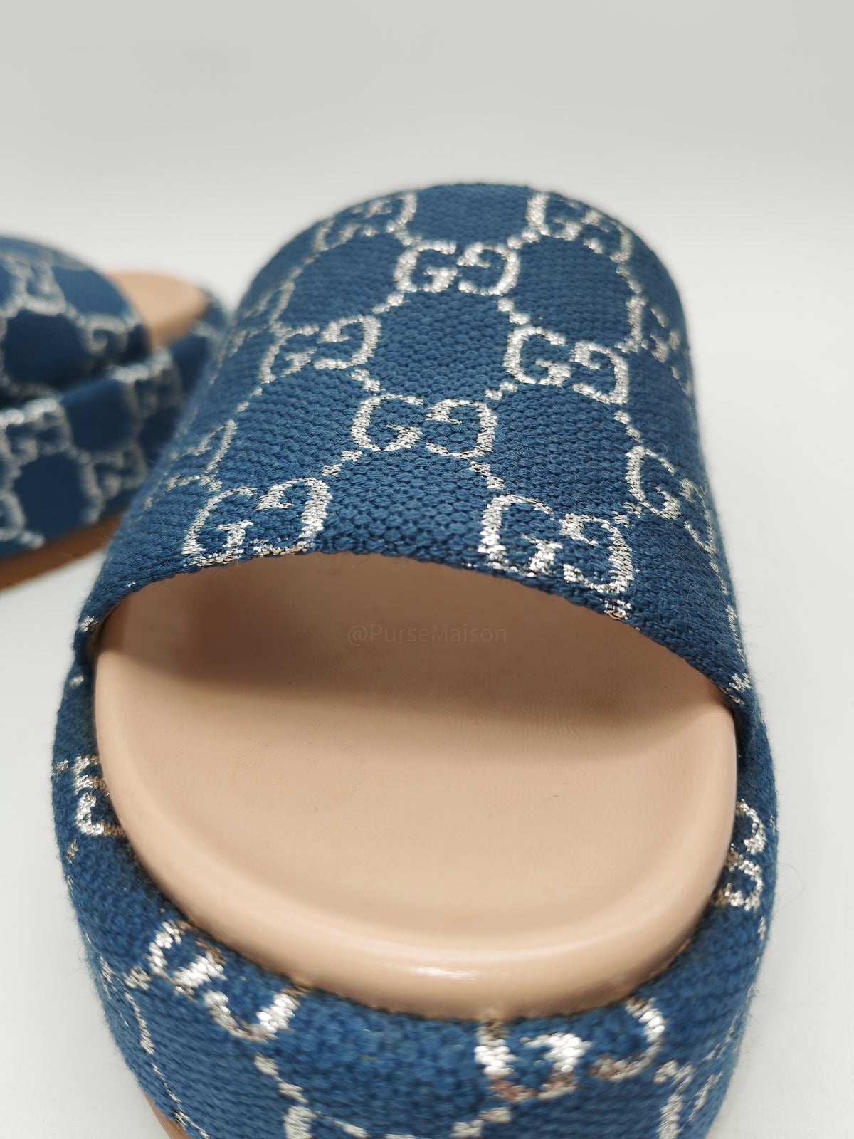Gucci Angelina Platform 55mm Slide Sandals in Blue Tea New Denim GG Monogram Size 37 Eu (25 cm) | Purse Maison Luxury Bags Shop