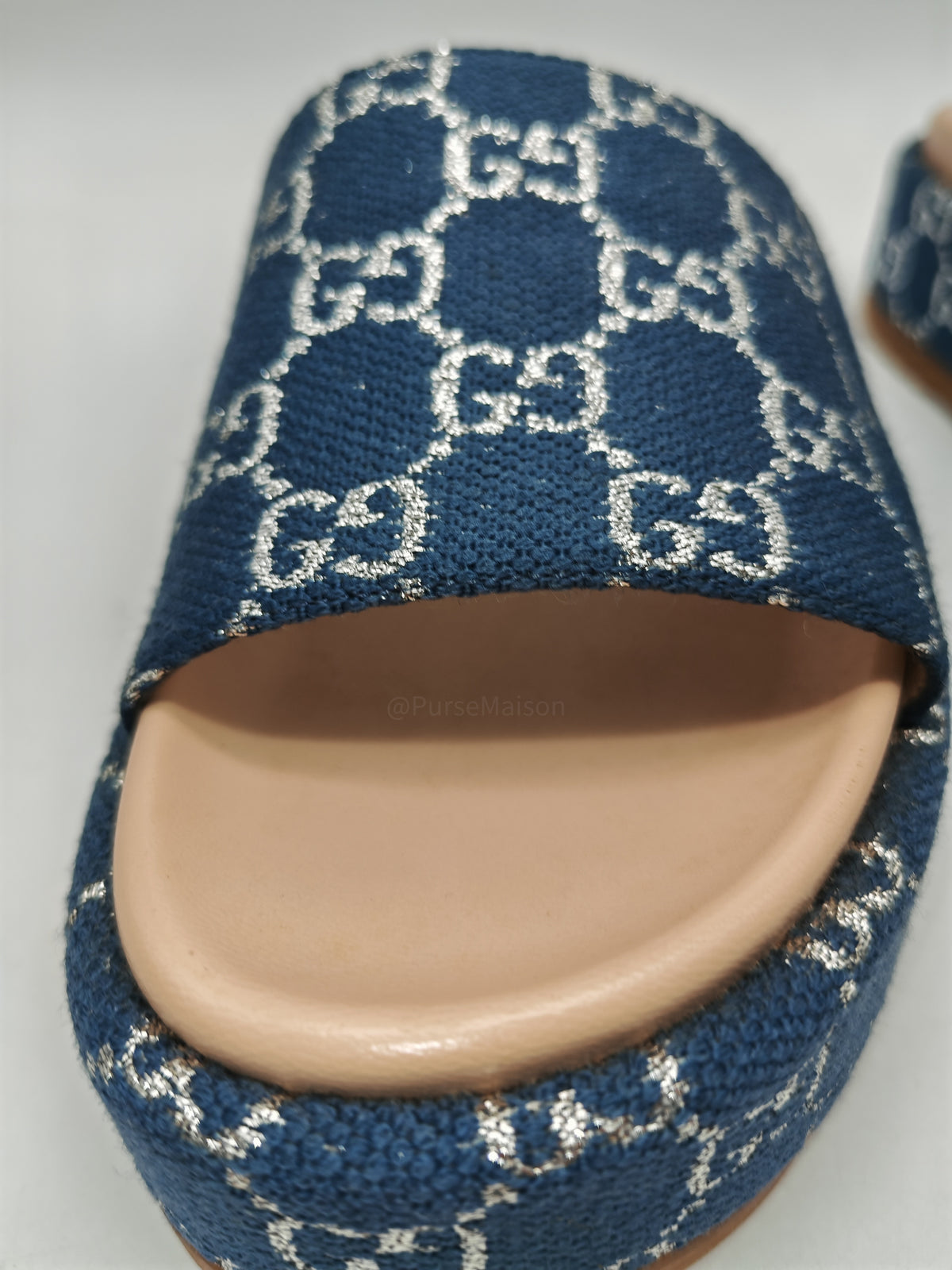 Gucci Angelina Platform 55mm Slide Sandals in Blue Tea New Denim GG Monogram Size 37 Eu (25 cm) | Purse Maison Luxury Bags Shop