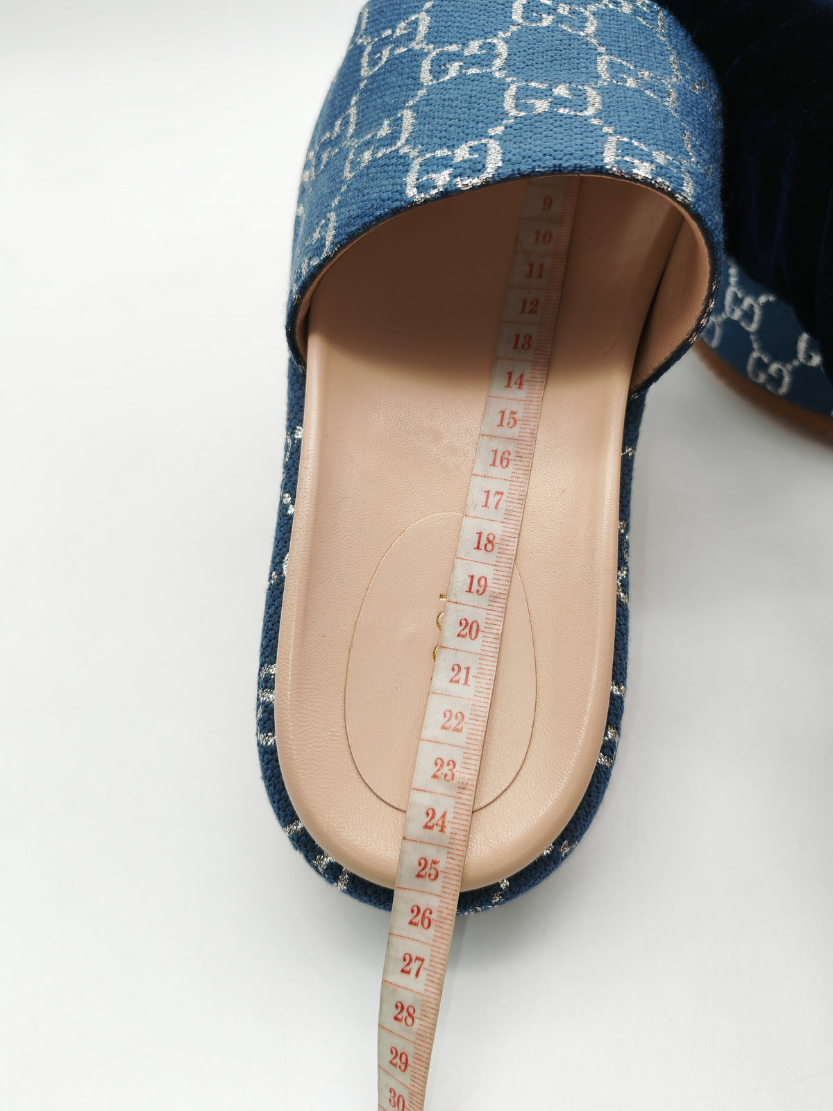 Gucci Angelina Platform 55mm Slide Sandals in Blue Tea New Denim GG Monogram Size 37 Eu (25 cm) | Purse Maison Luxury Bags Shop
