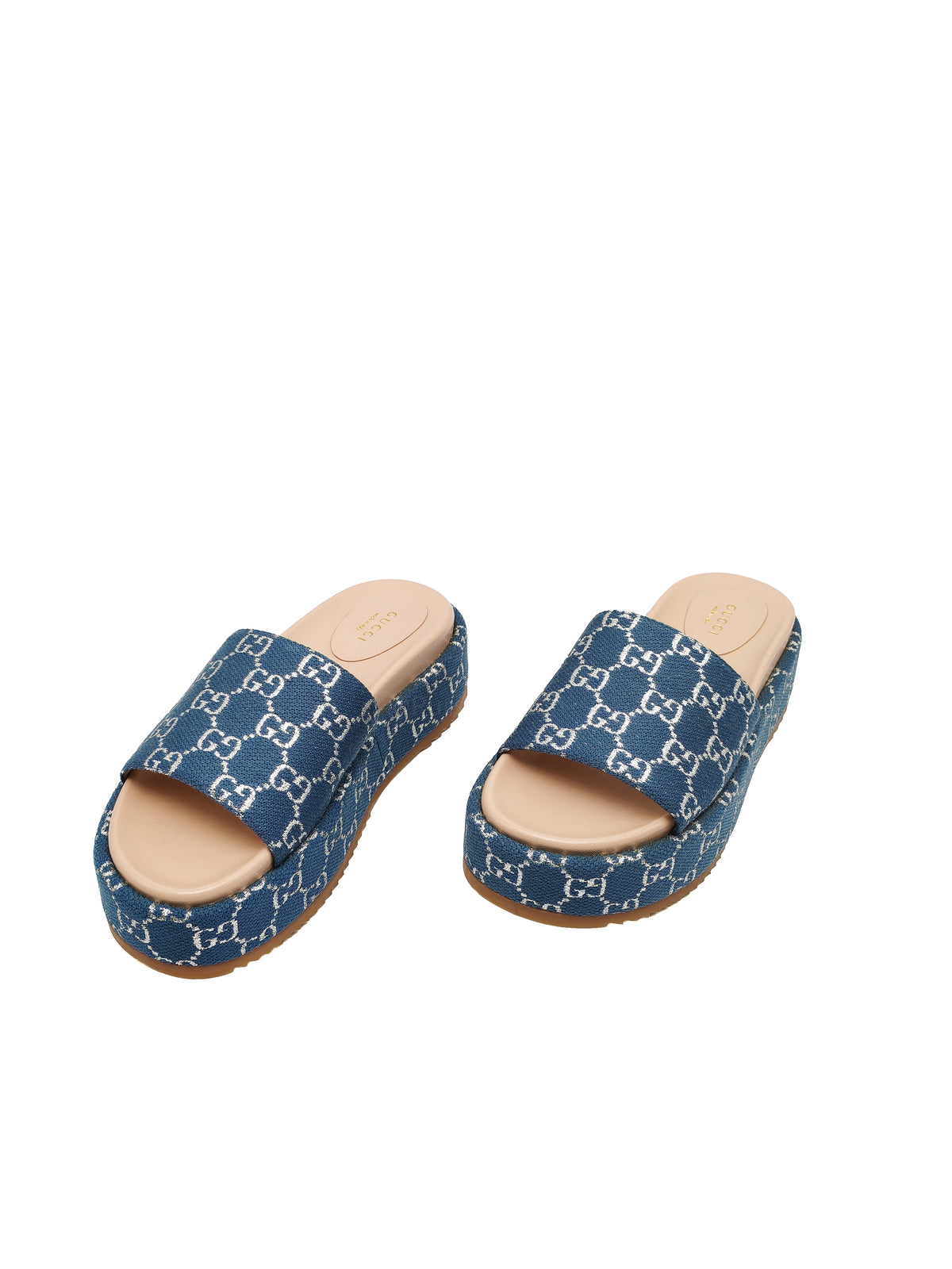 Gucci Angelina Platform 55mm Slide Sandals in Blue Tea New Denim GG Monogram Size 37 Eu (25 cm) | Purse Maison Luxury Bags Shop