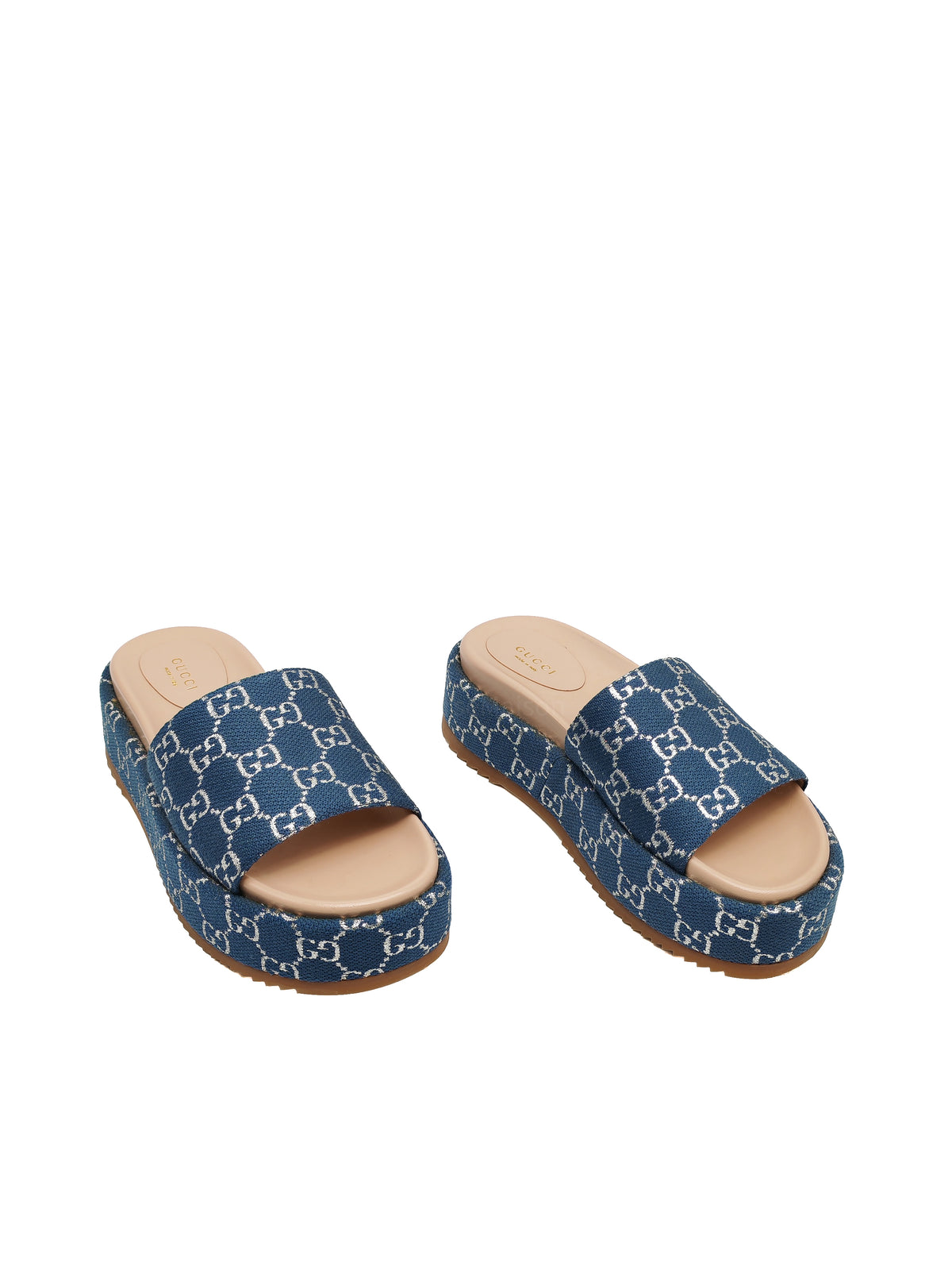 Gucci Angelina Platform 55mm Slide Sandals in Blue Tea New Denim GG Monogram Size 37 Eu (25 cm) | Purse Maison Luxury Bags Shop
