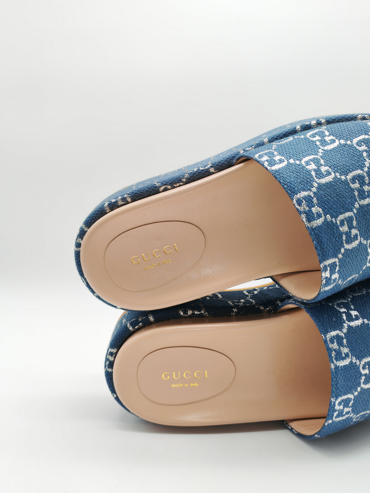 Gucci Angelina Platform 55mm Slide Sandals in Blue Tea New Denim GG Monogram Size 37 Eu (25 cm) | Purse Maison Luxury Bags Shop