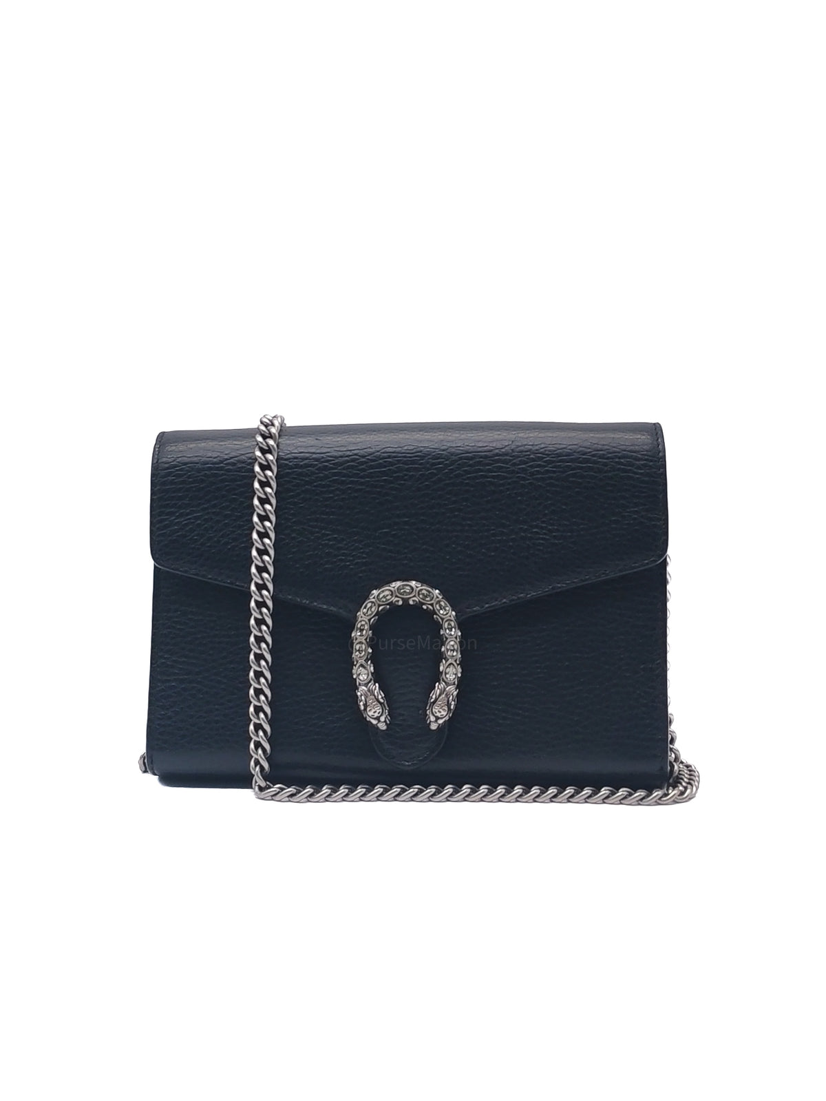 Gucci Dionysus Wallet on Chain in Black Grained Calfskin Leather Silver Hardware | Purse Maison Luxury Bags Shop
