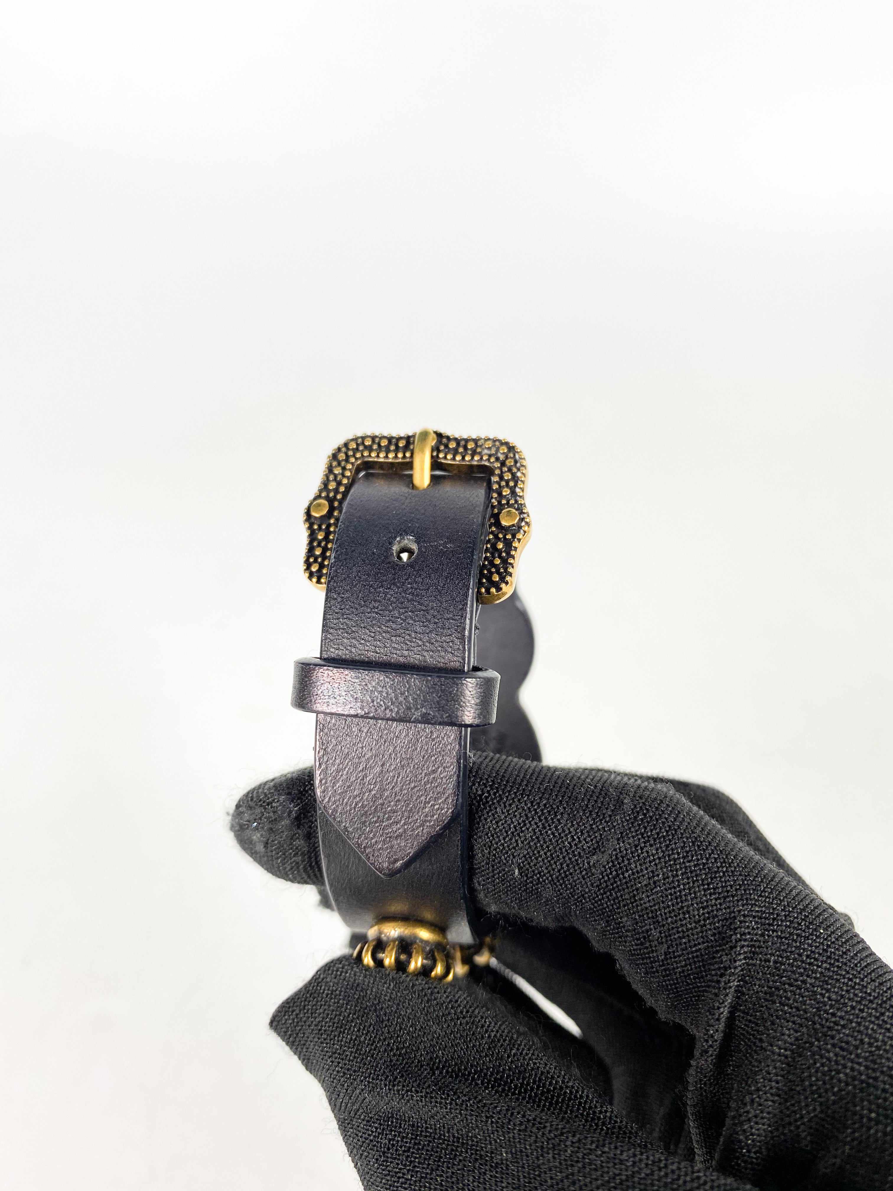 Gucci Feline Head and Crystal Black Leather Bracelet
