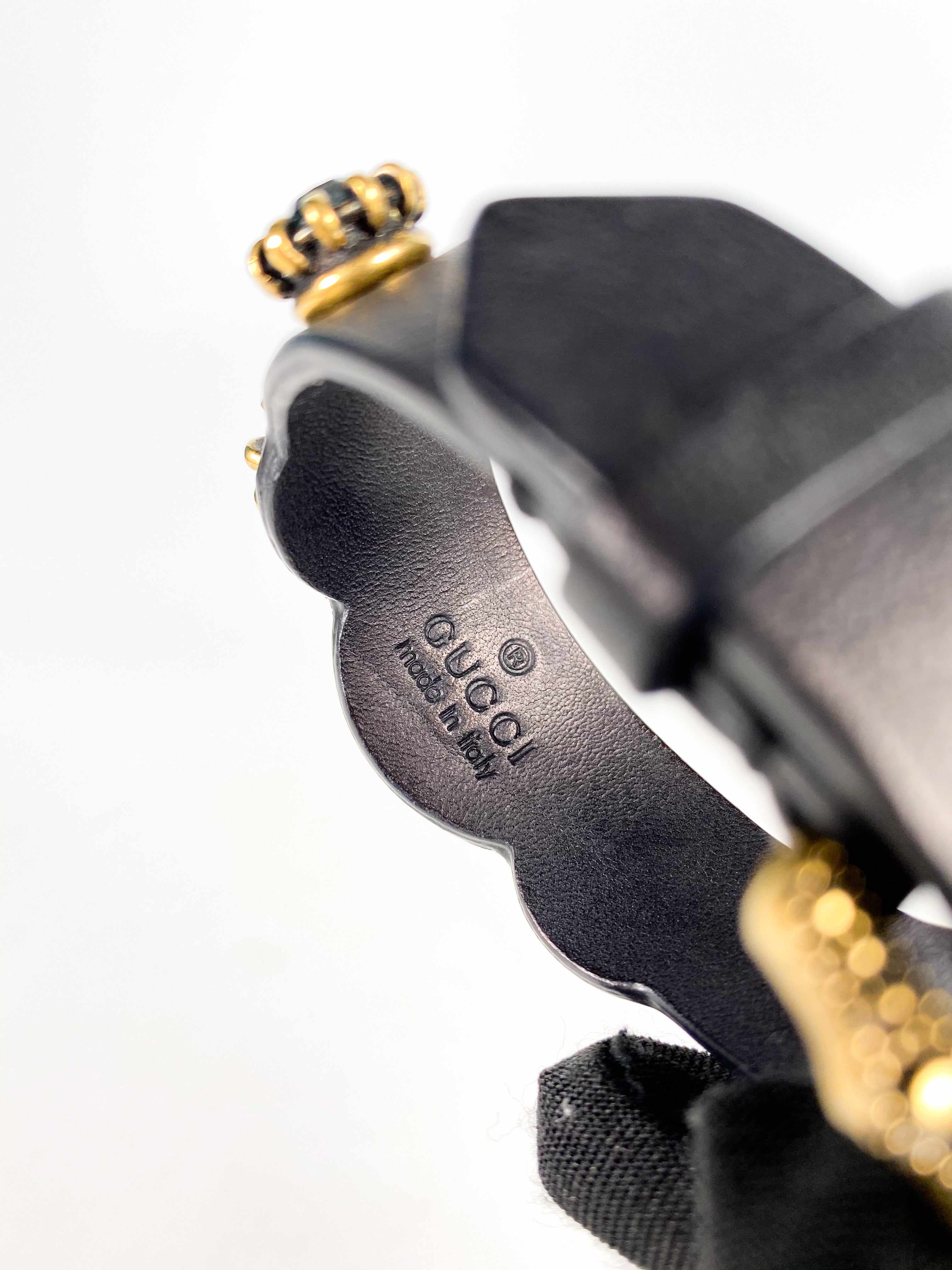 Gucci Feline Head and Crystal Black Leather Bracelet