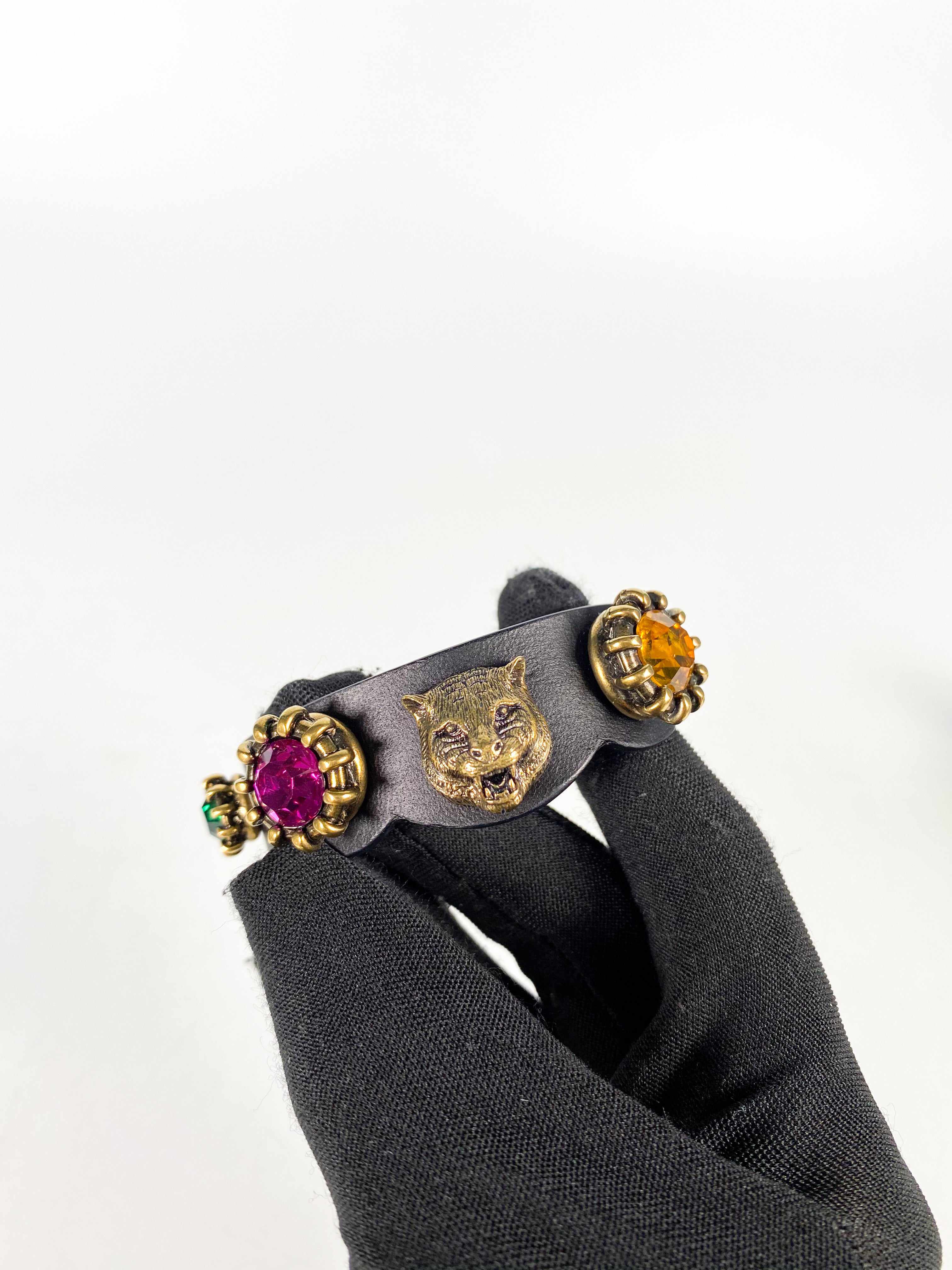 Gucci Feline Head and Crystal Black Leather Bracelet
