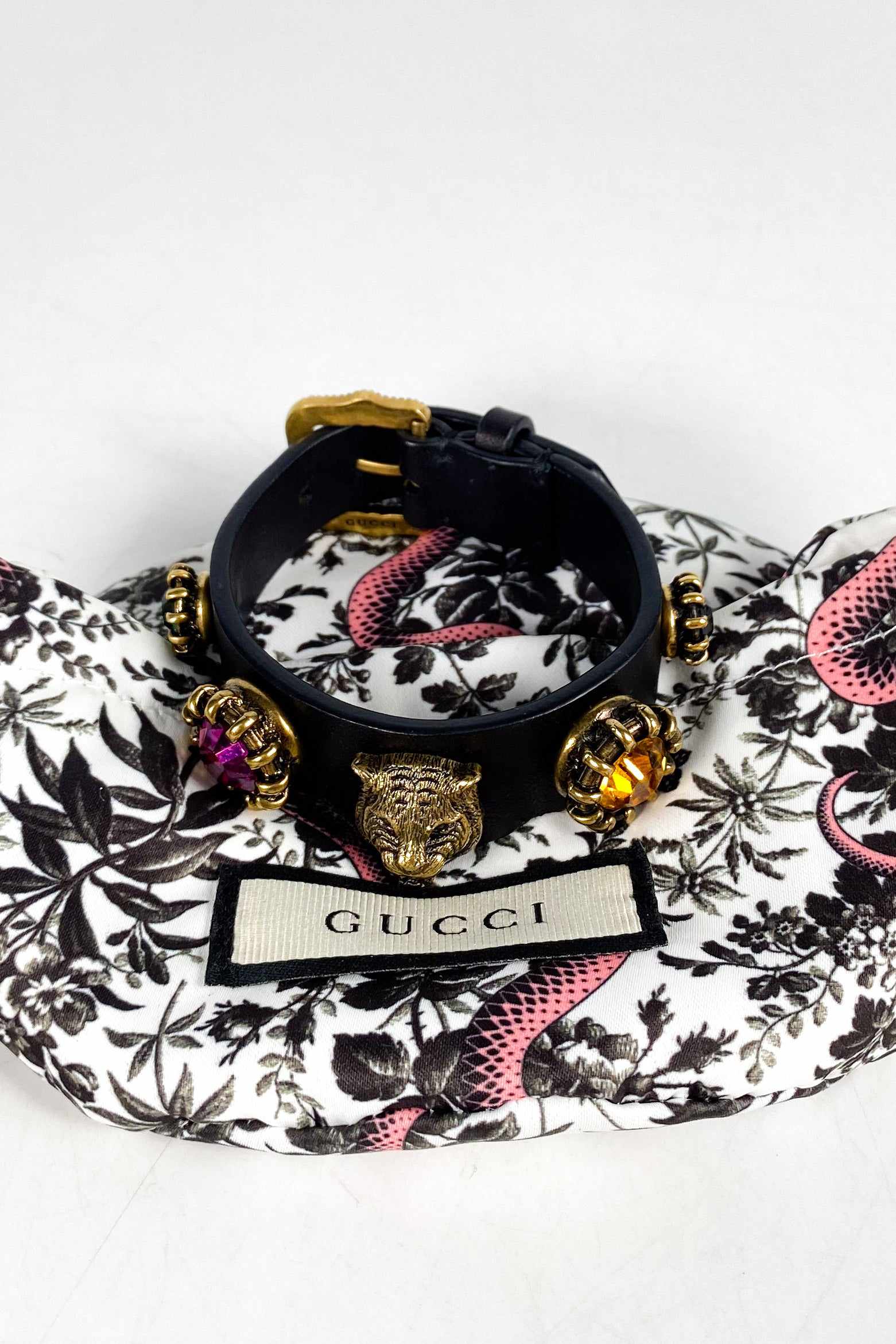 Gucci Feline Head and Crystal Black Leather Bracelet