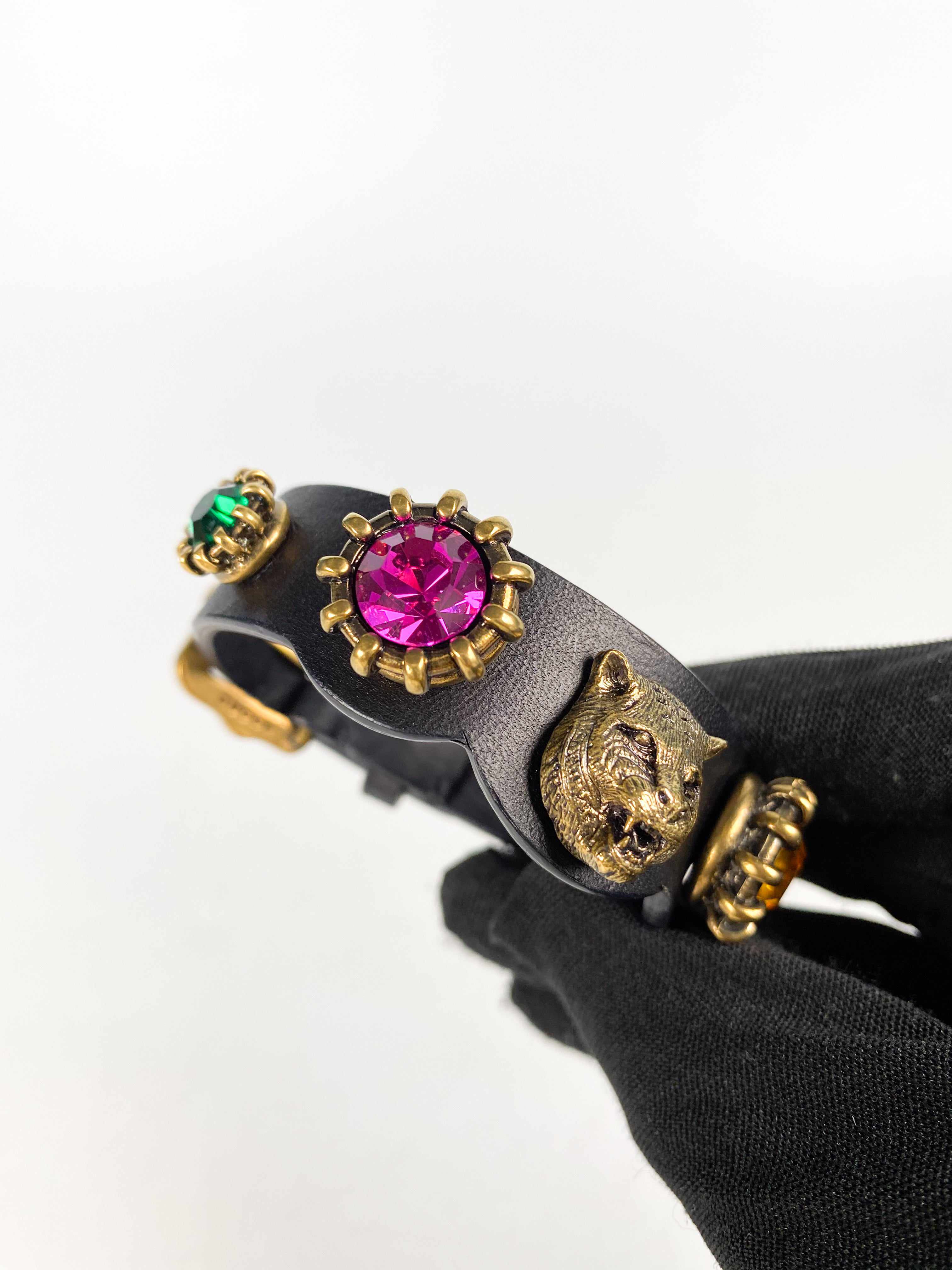 Gucci Feline Head and Crystal Black Leather Bracelet