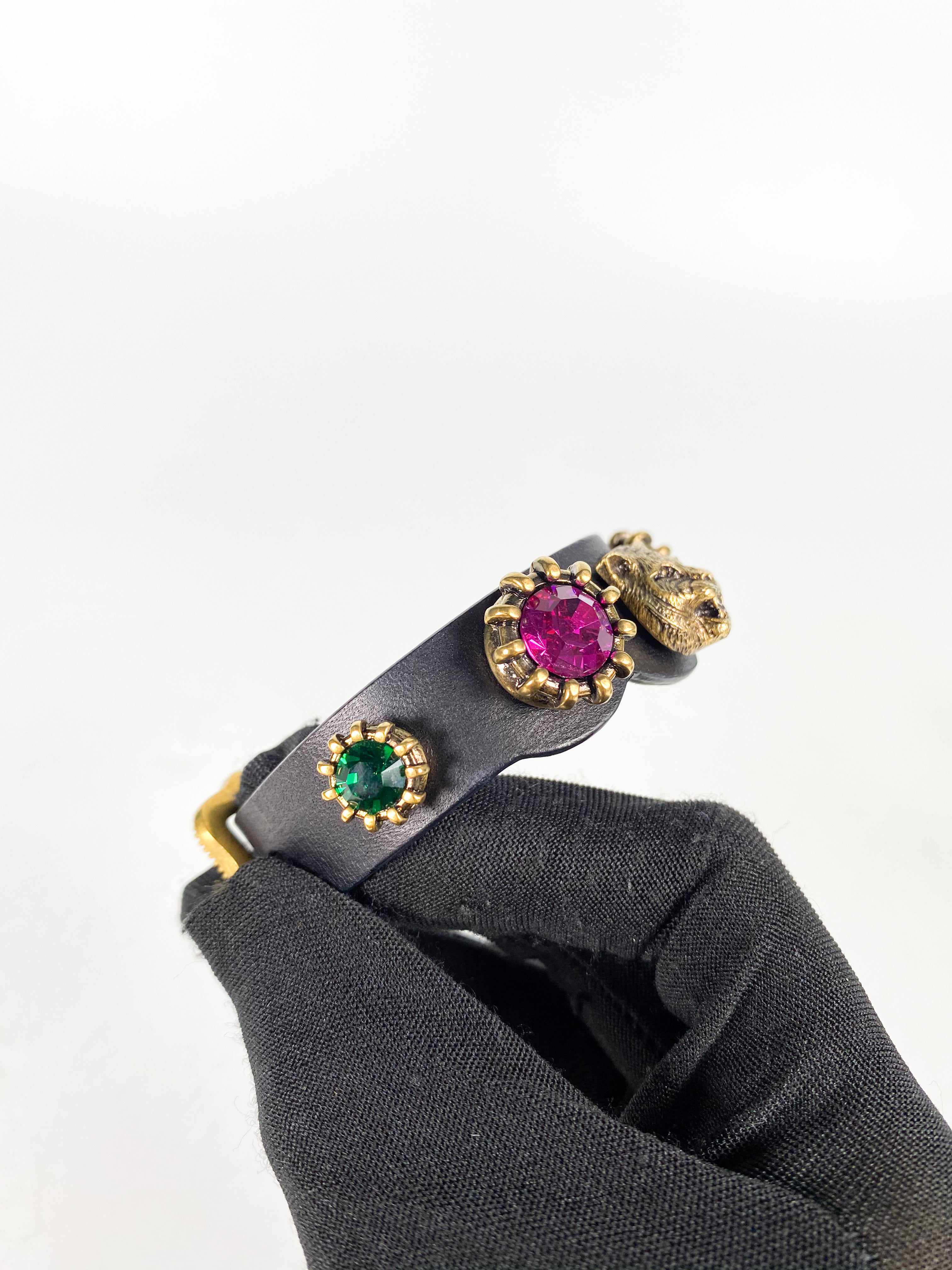 Gucci Feline Head and Crystal Black Leather Bracelet