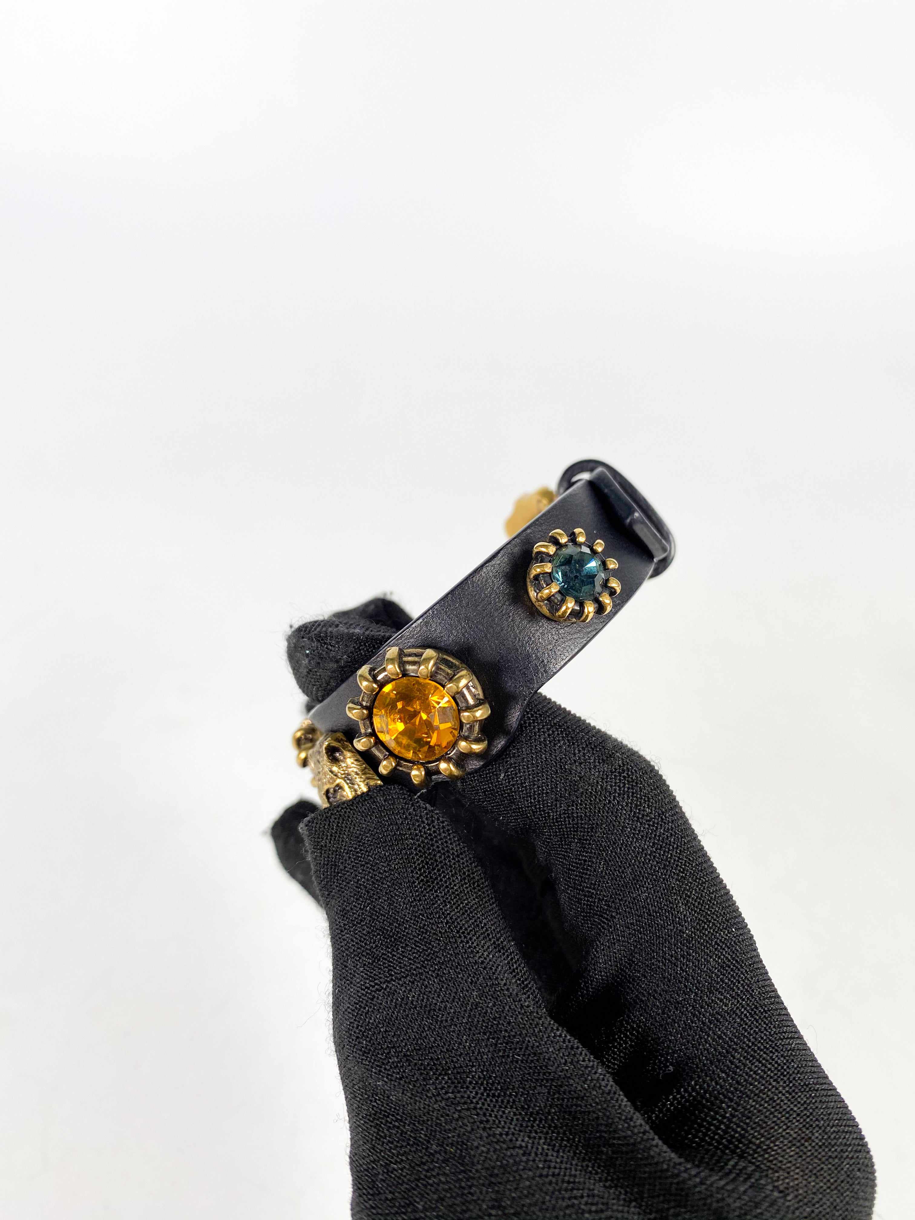 Gucci Feline Head and Crystal Black Leather Bracelet