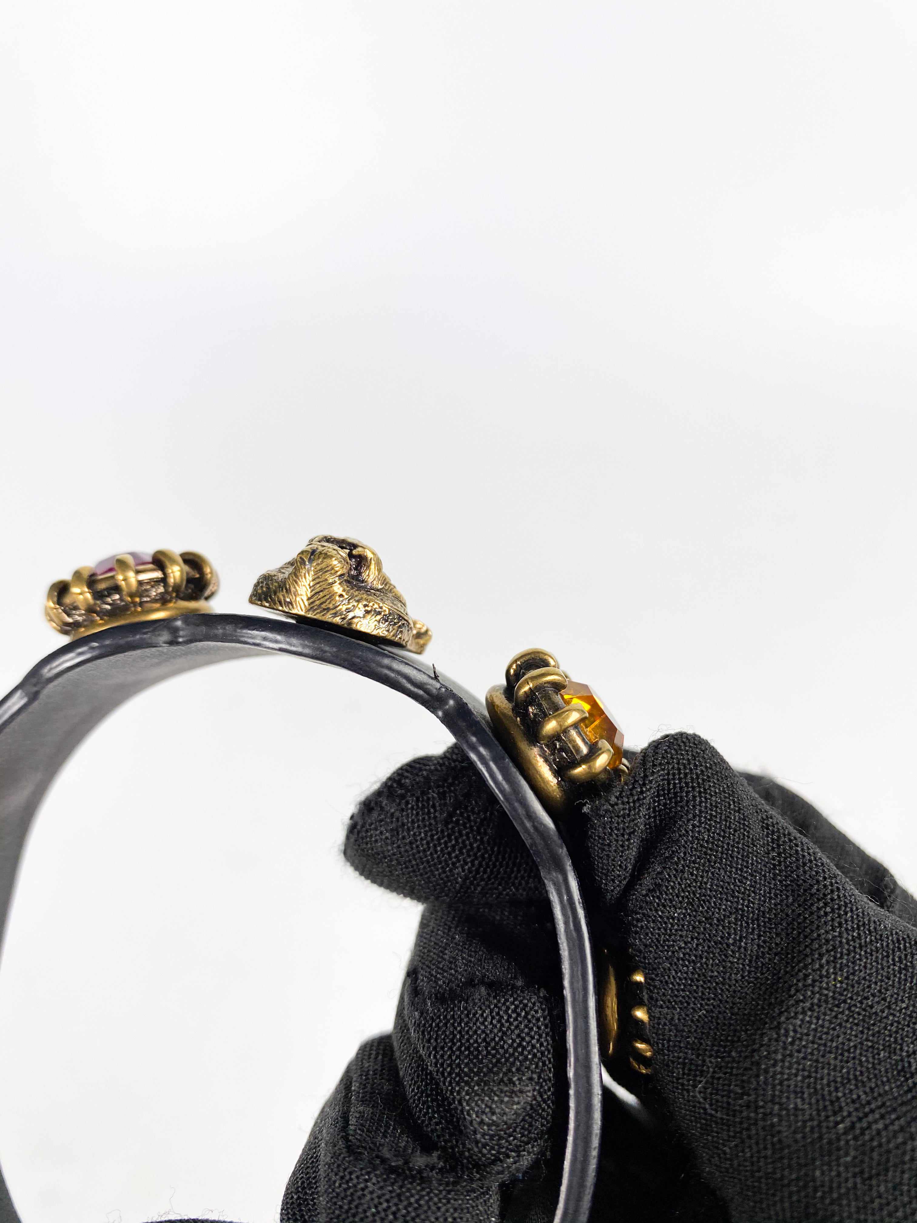 Gucci Feline Head and Crystal Black Leather Bracelet