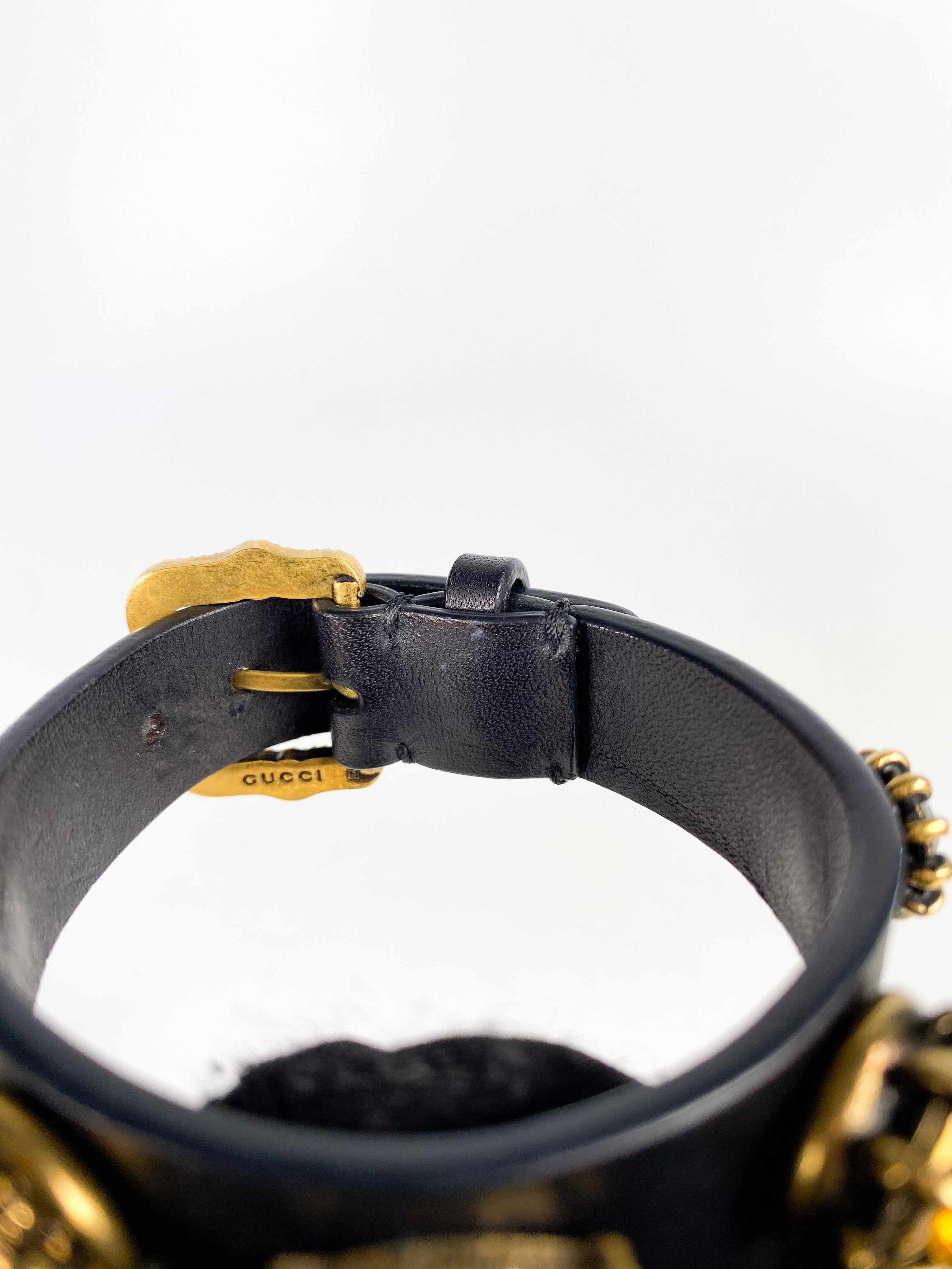 Gucci Feline Head and Crystal Black Leather Bracelet