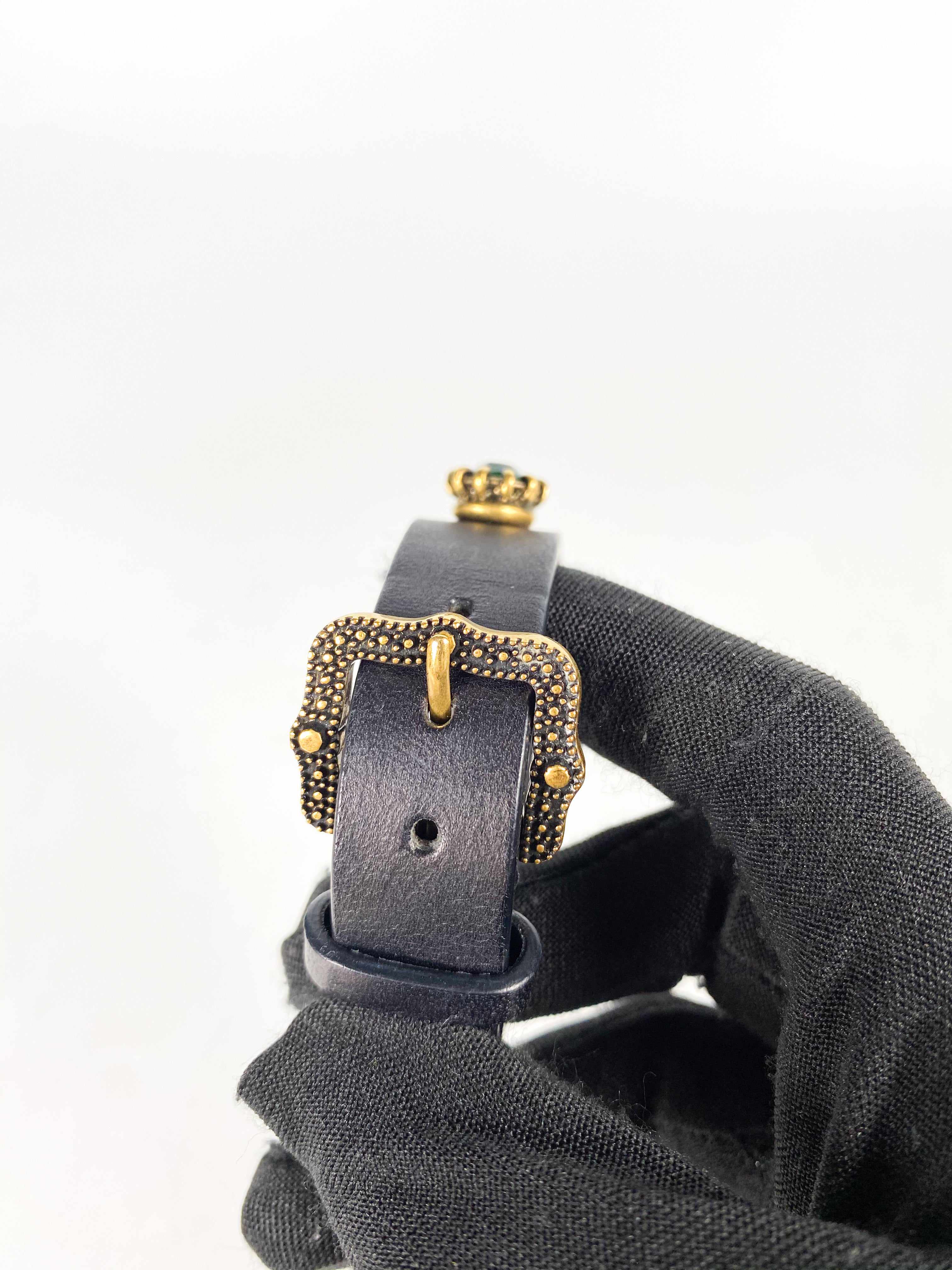 Gucci Feline Head and Crystal Black Leather Bracelet