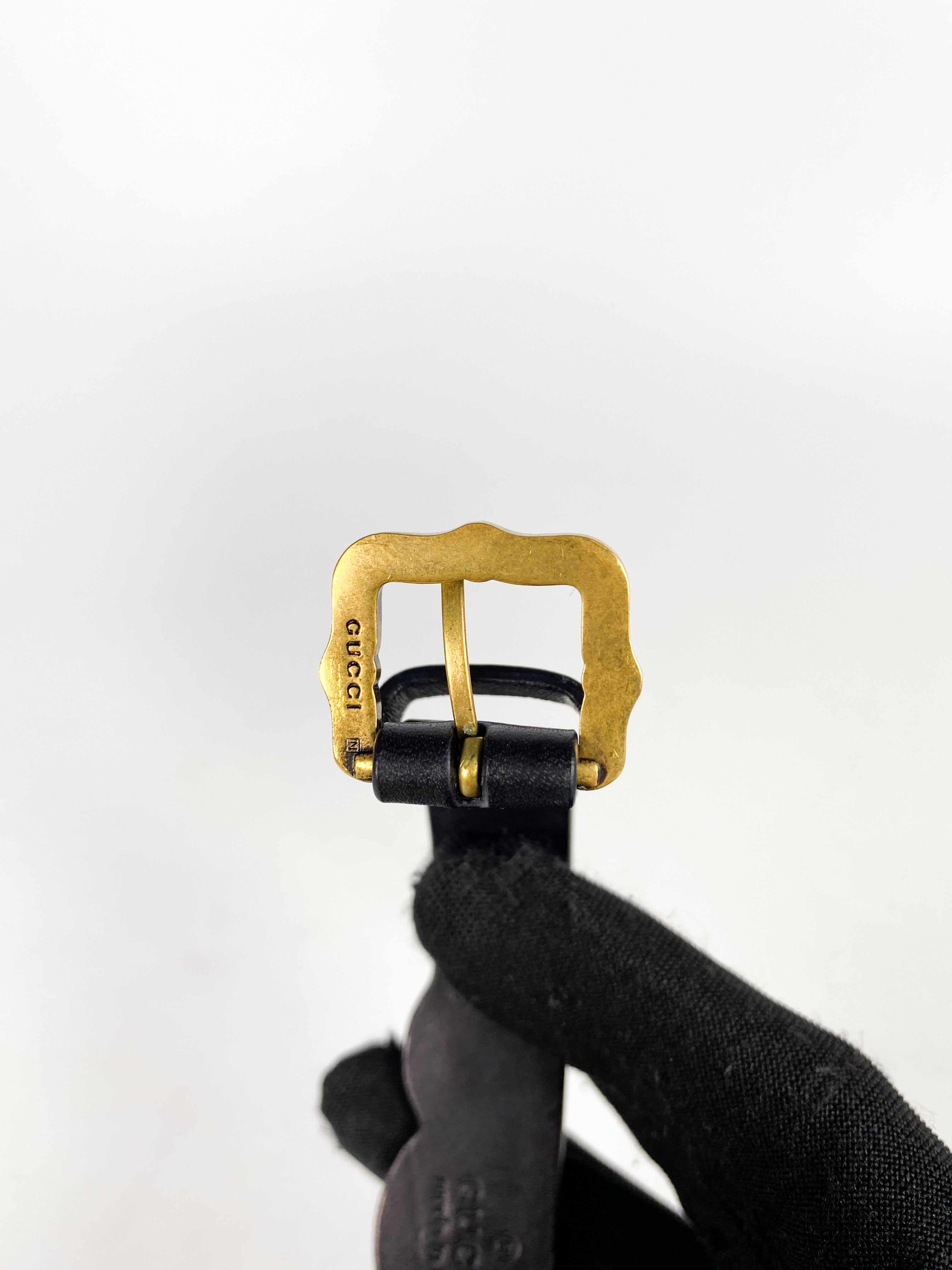 Gucci Feline Head and Crystal Black Leather Bracelet