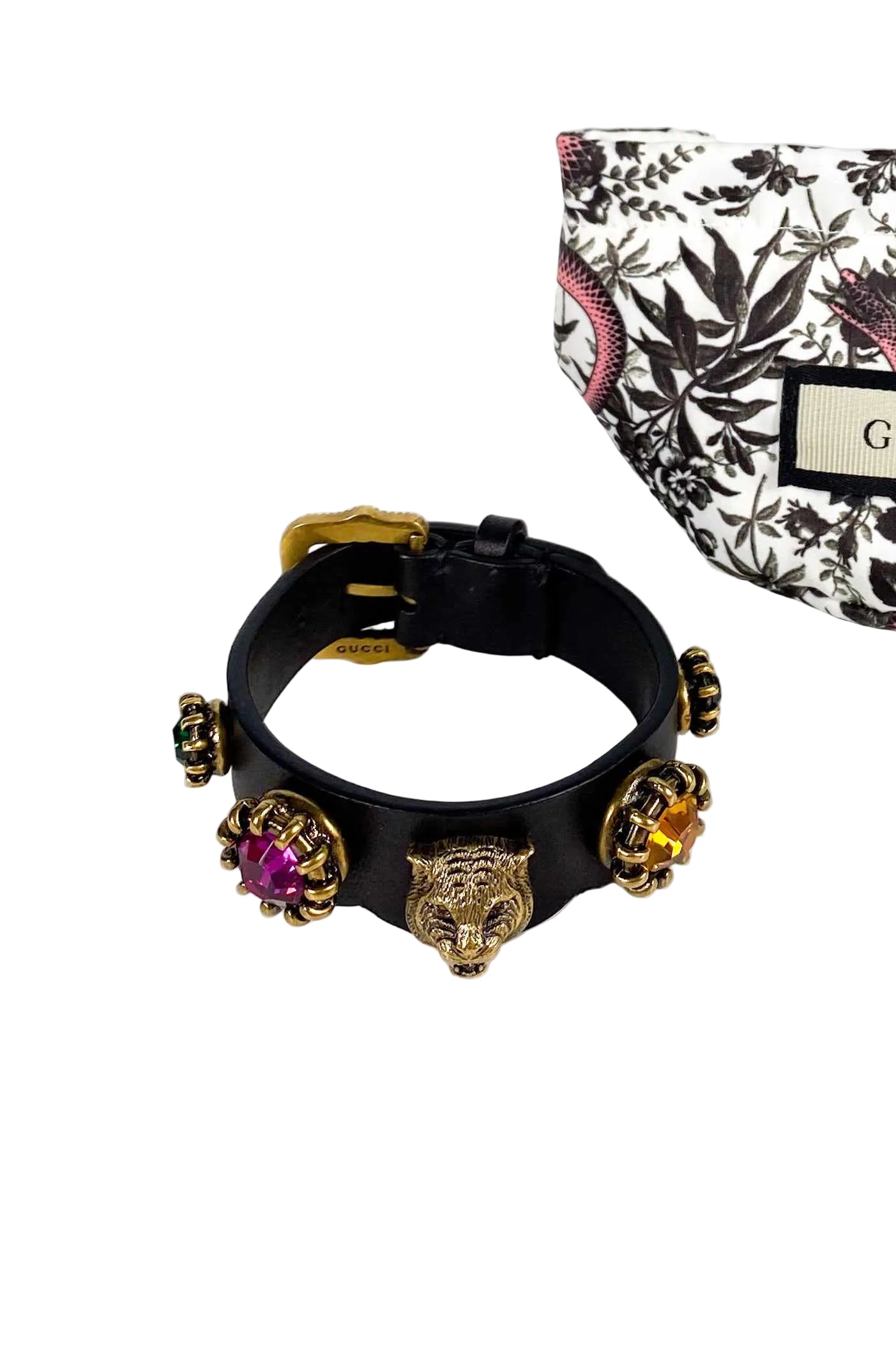 Gucci Feline Head and Crystal Black Leather Bracelet