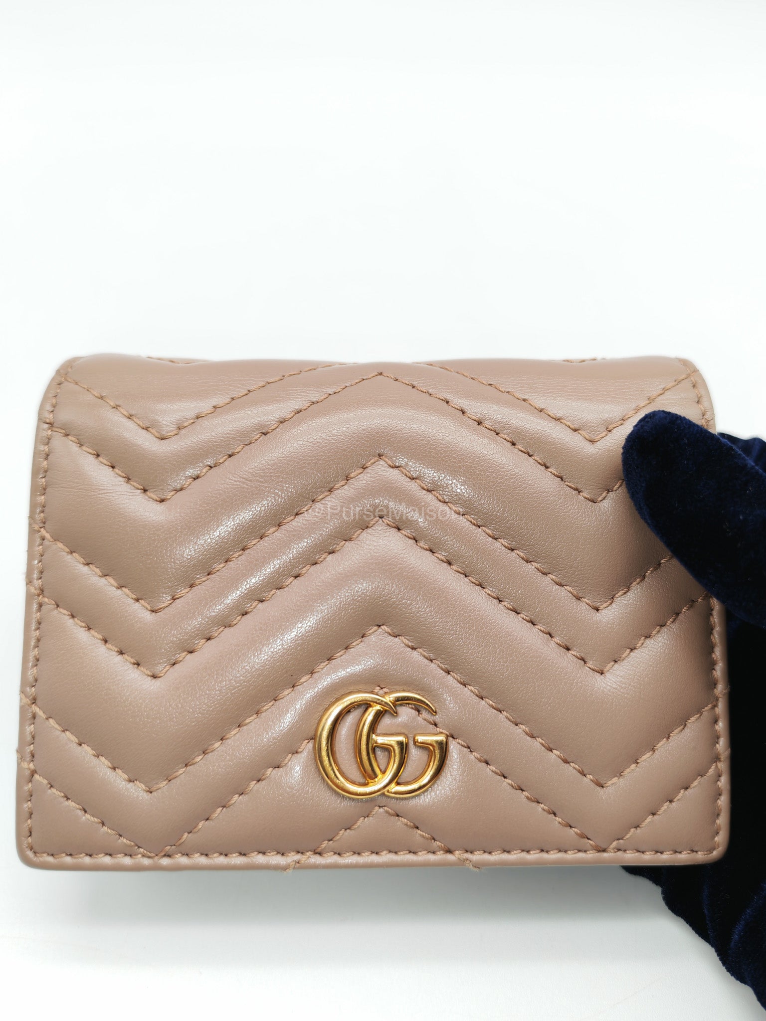 Gucci GG Marmont Card Case Wallet in Dusty Rose Chevron Matelasse Leather | Purse Maison Luxury Bags Shop
