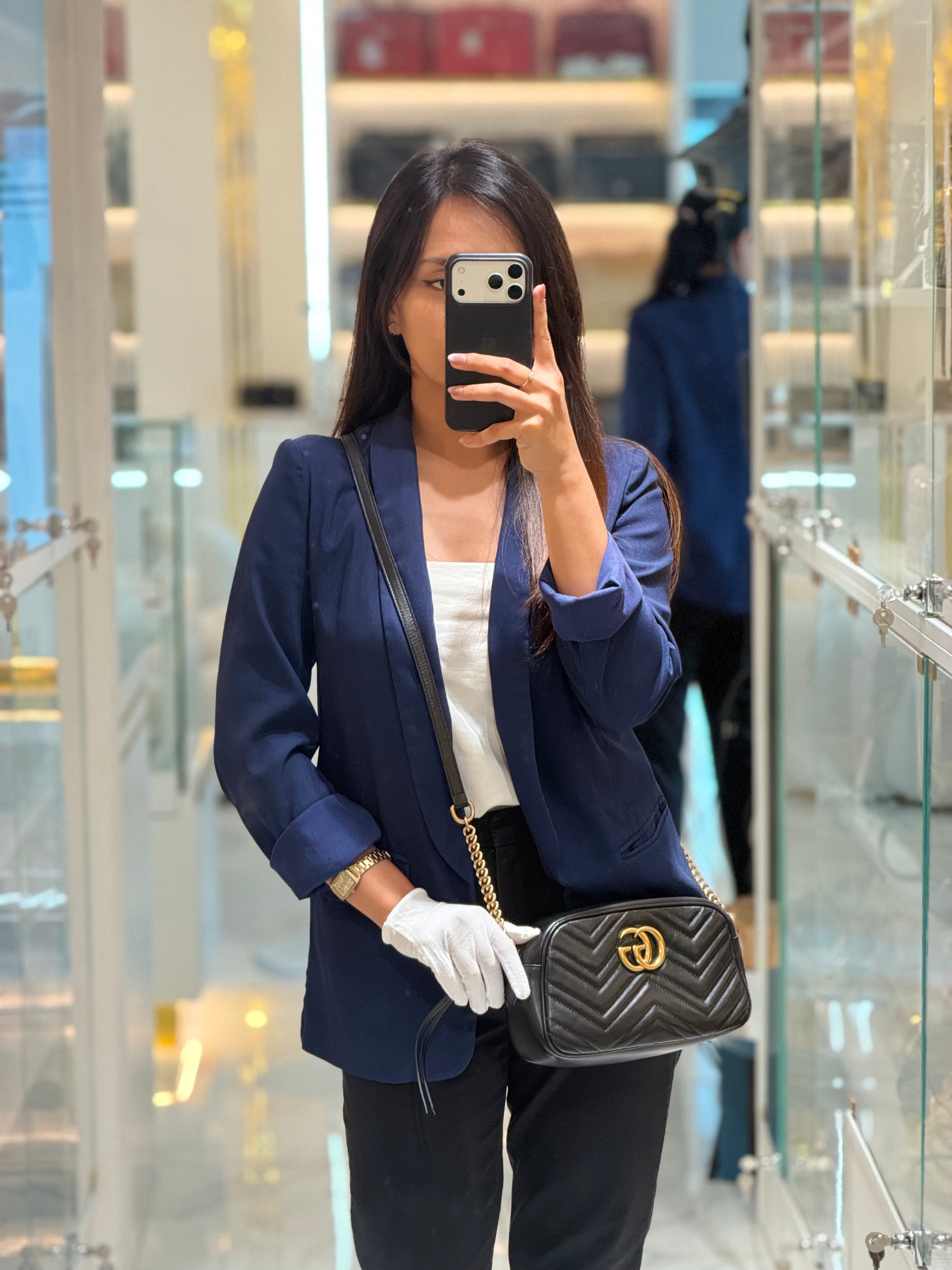 GG Marmont Small Camera Bag in Black Chevron Quilted Matellase Leather & Gold Hardware | Purse Maison Luxury Bags Shop