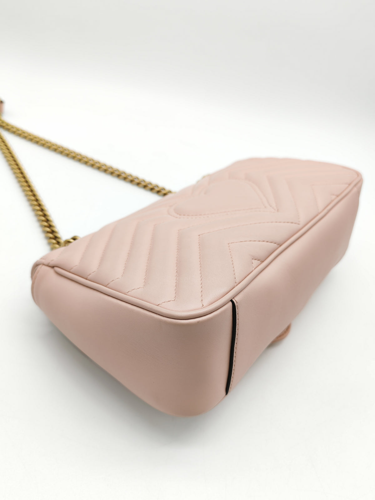 Gucci GG Marmont Small Shoulder Bag in Dusty Pink Chevron Quilted Matelasse Calfskin Leather and Aged Gold Hardware | Purse Maison Luxury Bags Shop
