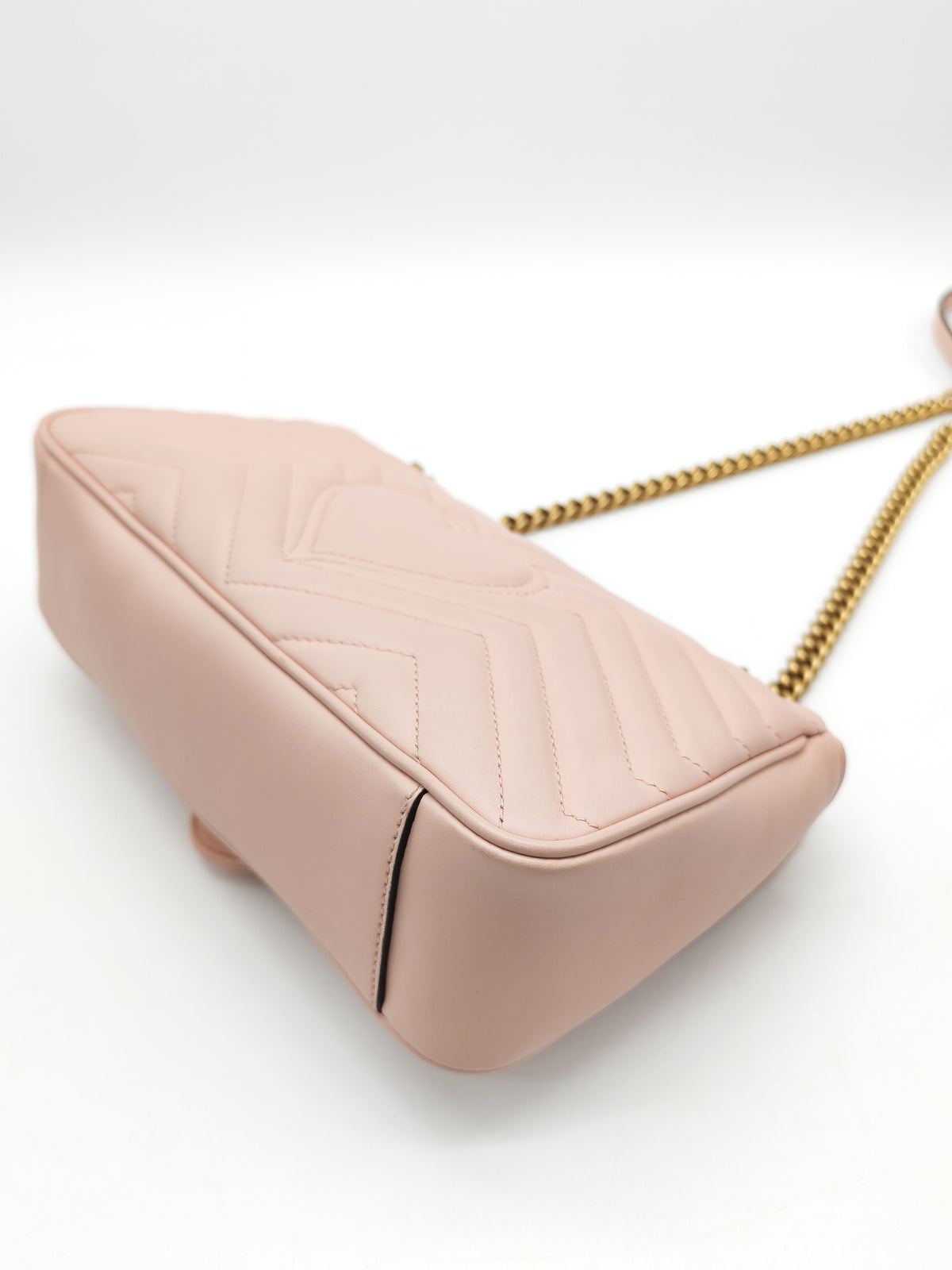 Gucci GG Marmont Small Shoulder Bag in Dusty Pink Chevron Quilted Matelasse Calfskin Leather and Aged Gold Hardware | Purse Maison Luxury Bags Shop