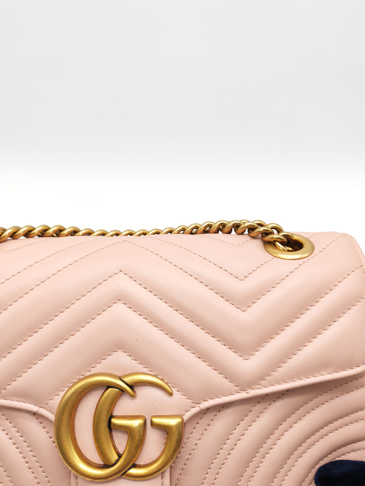 Gucci GG Marmont Small Shoulder Bag in Dusty Pink Chevron Quilted Matelasse Calfskin Leather and Aged Gold Hardware | Purse Maison Luxury Bags Shop