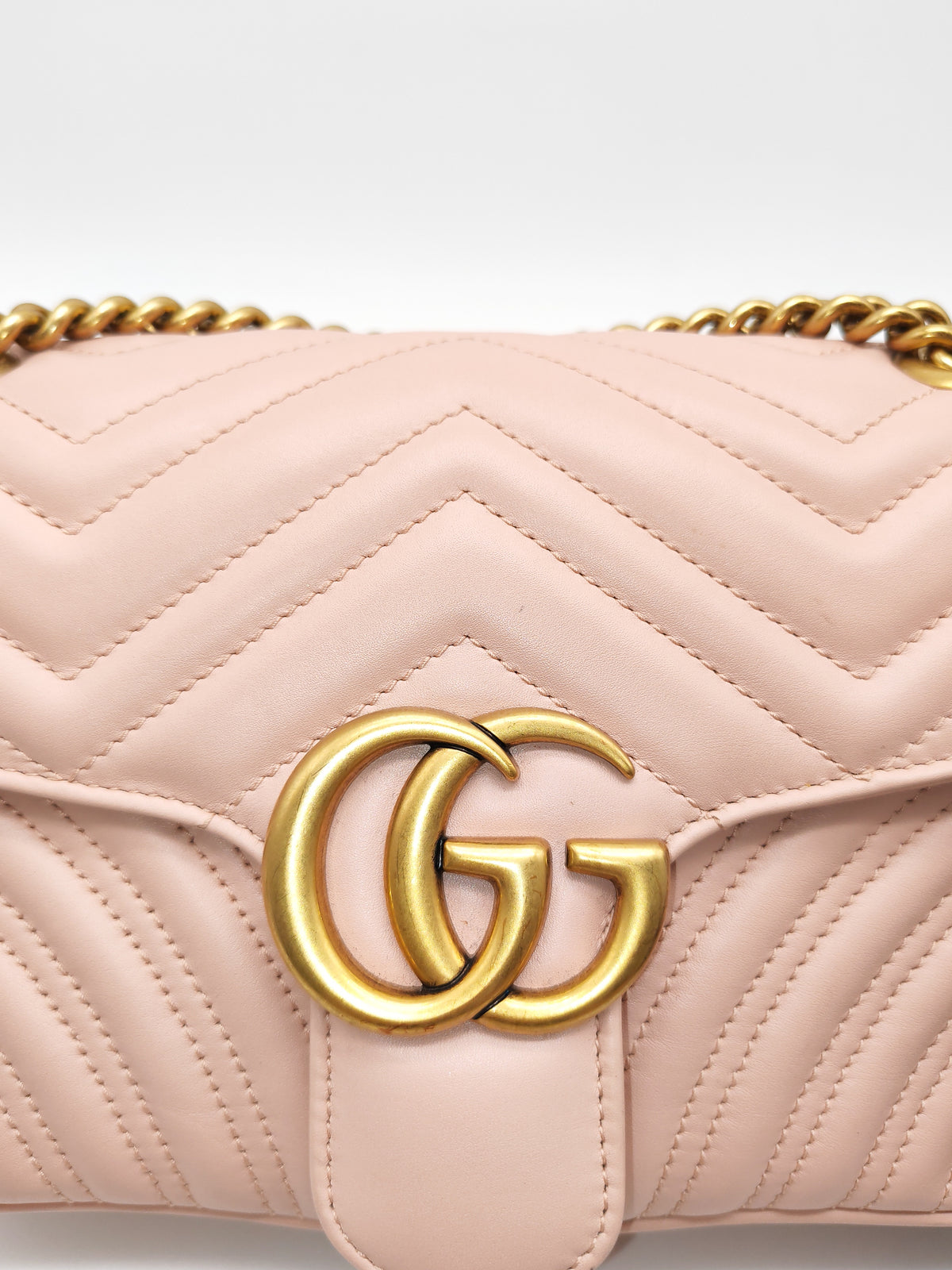 Gucci GG Marmont Small Shoulder Bag in Dusty Pink Chevron Quilted Matelasse Calfskin Leather and Aged Gold Hardware | Purse Maison Luxury Bags Shop