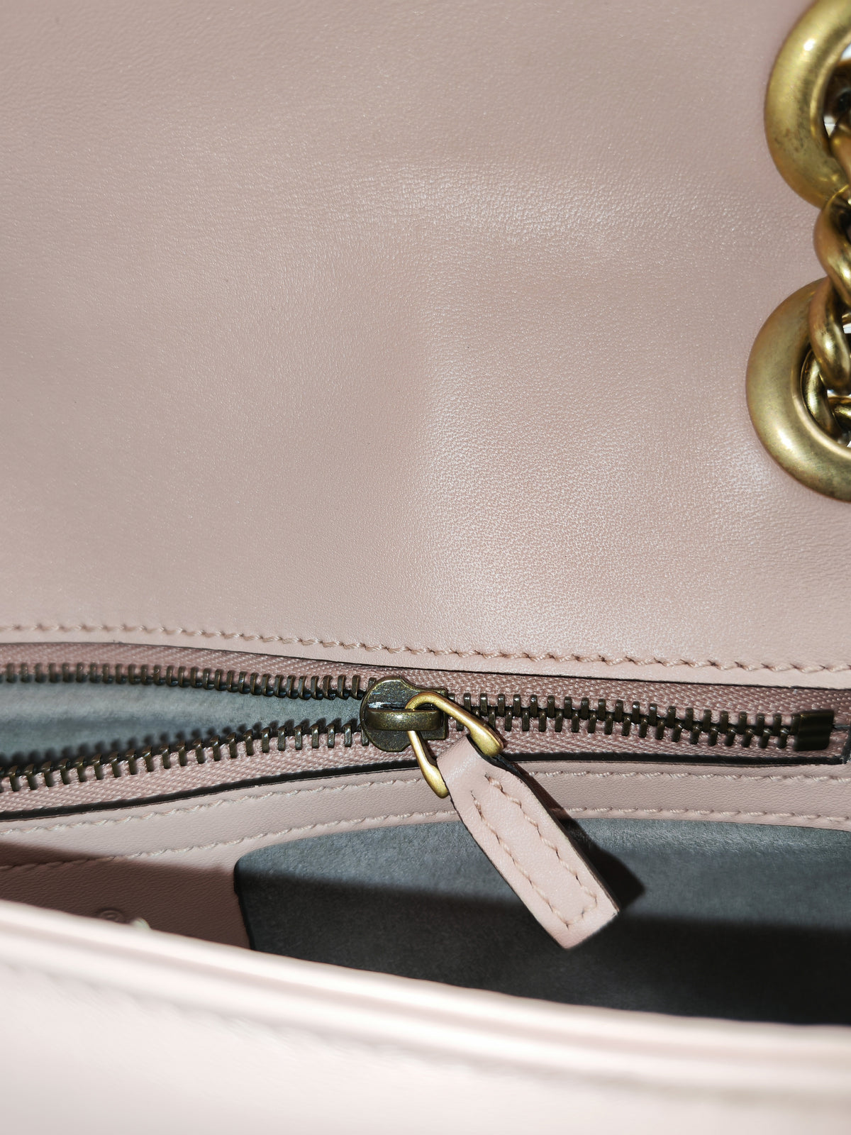 Gucci GG Marmont Small Shoulder Bag in Dusty Pink Chevron Quilted Matelasse Calfskin Leather and Aged Gold Hardware | Purse Maison Luxury Bags Shop