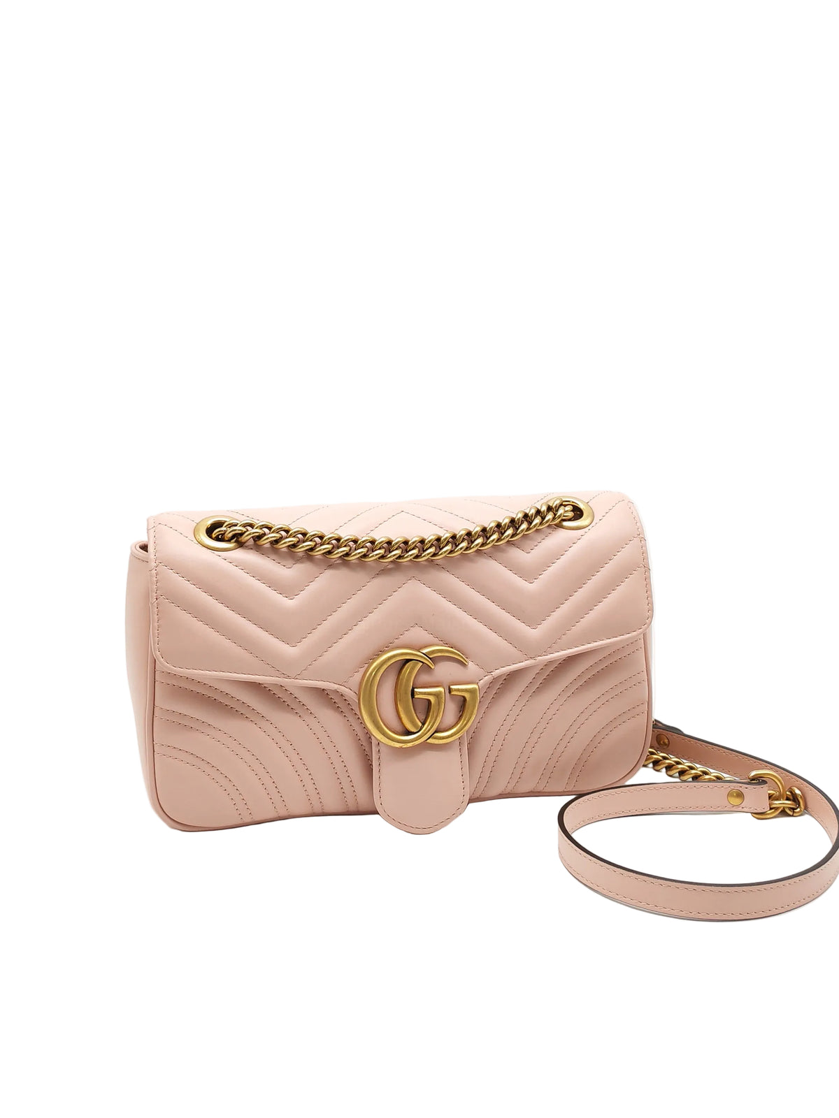 Gucci GG Marmont Small Shoulder Bag in Dusty Pink Chevron Quilted Matelasse Calfskin Leather and Aged Gold Hardware | Purse Maison Luxury Bags Shop