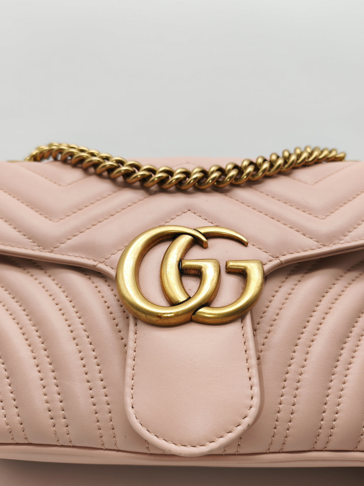 Gucci GG Marmont Small Shoulder Bag in Dusty Pink Chevron Quilted Matelasse Calfskin Leather and Aged Gold Hardware | Purse Maison Luxury Bags Shop
